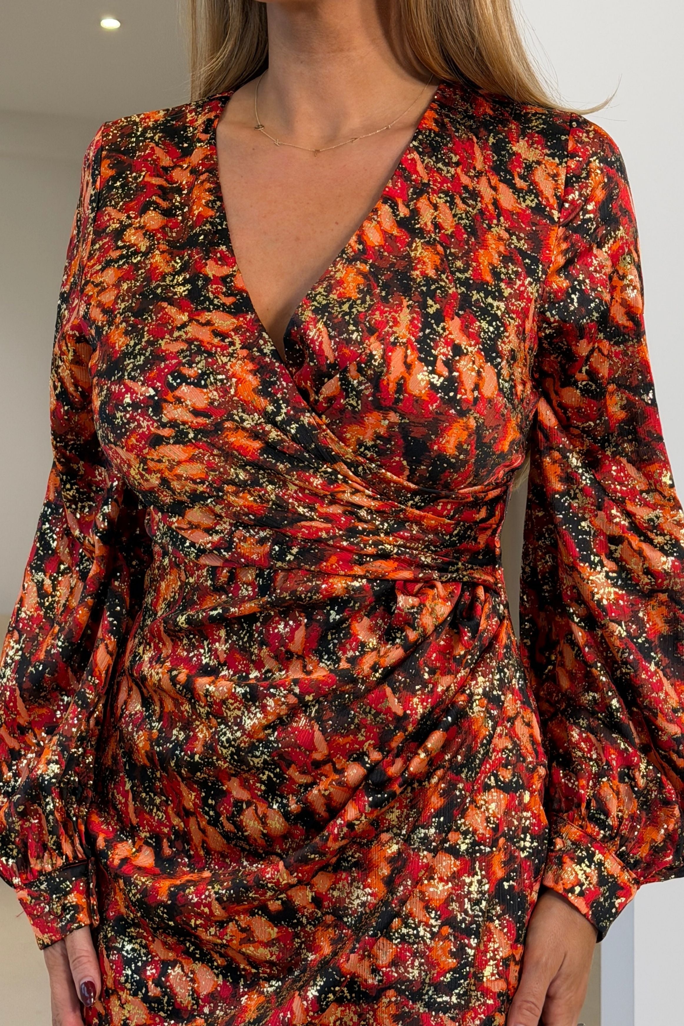 Elsa Foiled Print Long Sleeve Assymetric Midi Dress