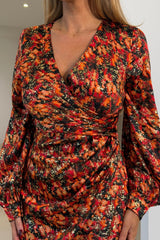 Elsa Foiled Print Long Sleeve Assymetric Midi Dress