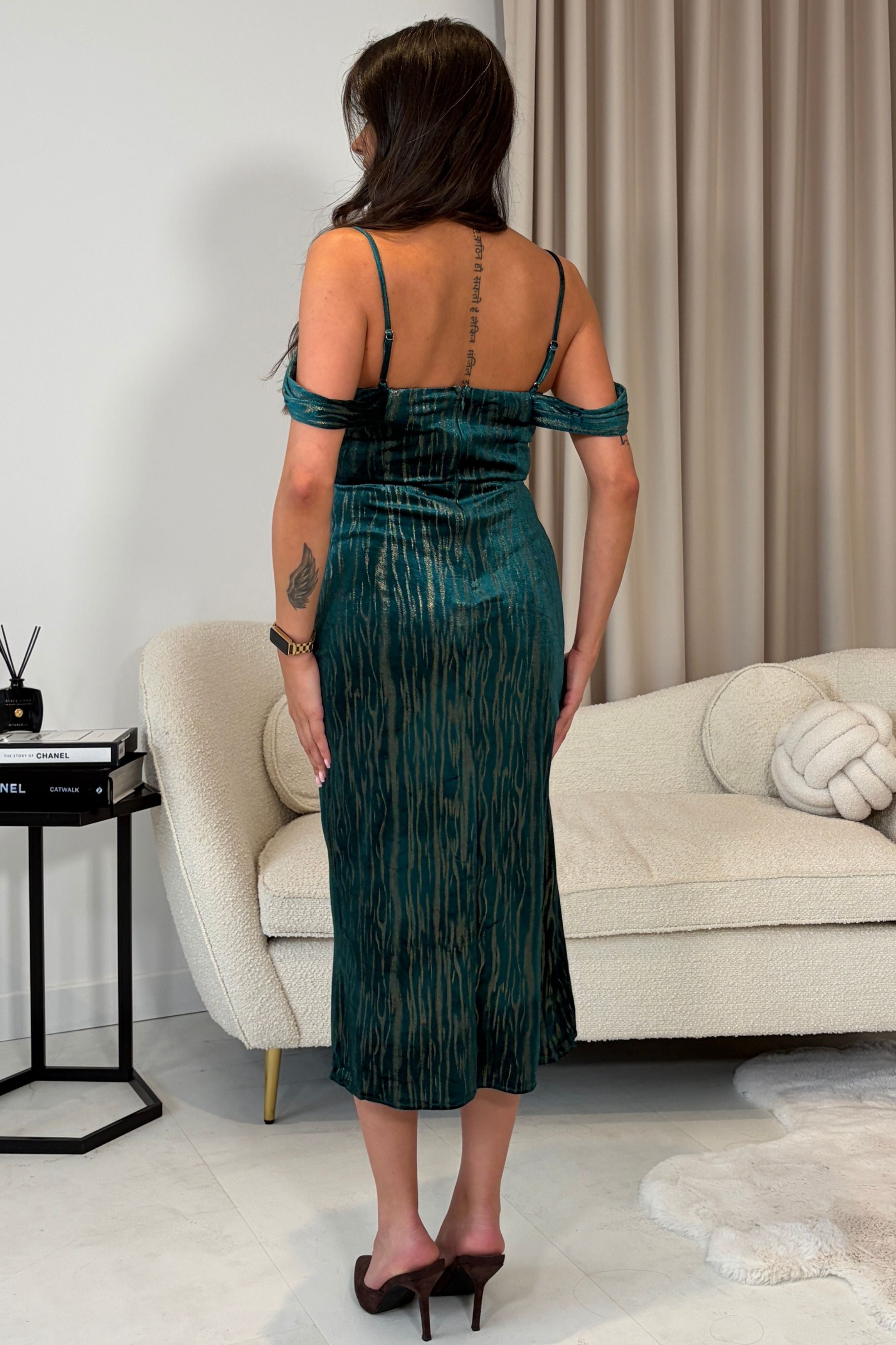 Camila Velvet Foil Wrap Over Midi Dress Green And Gold