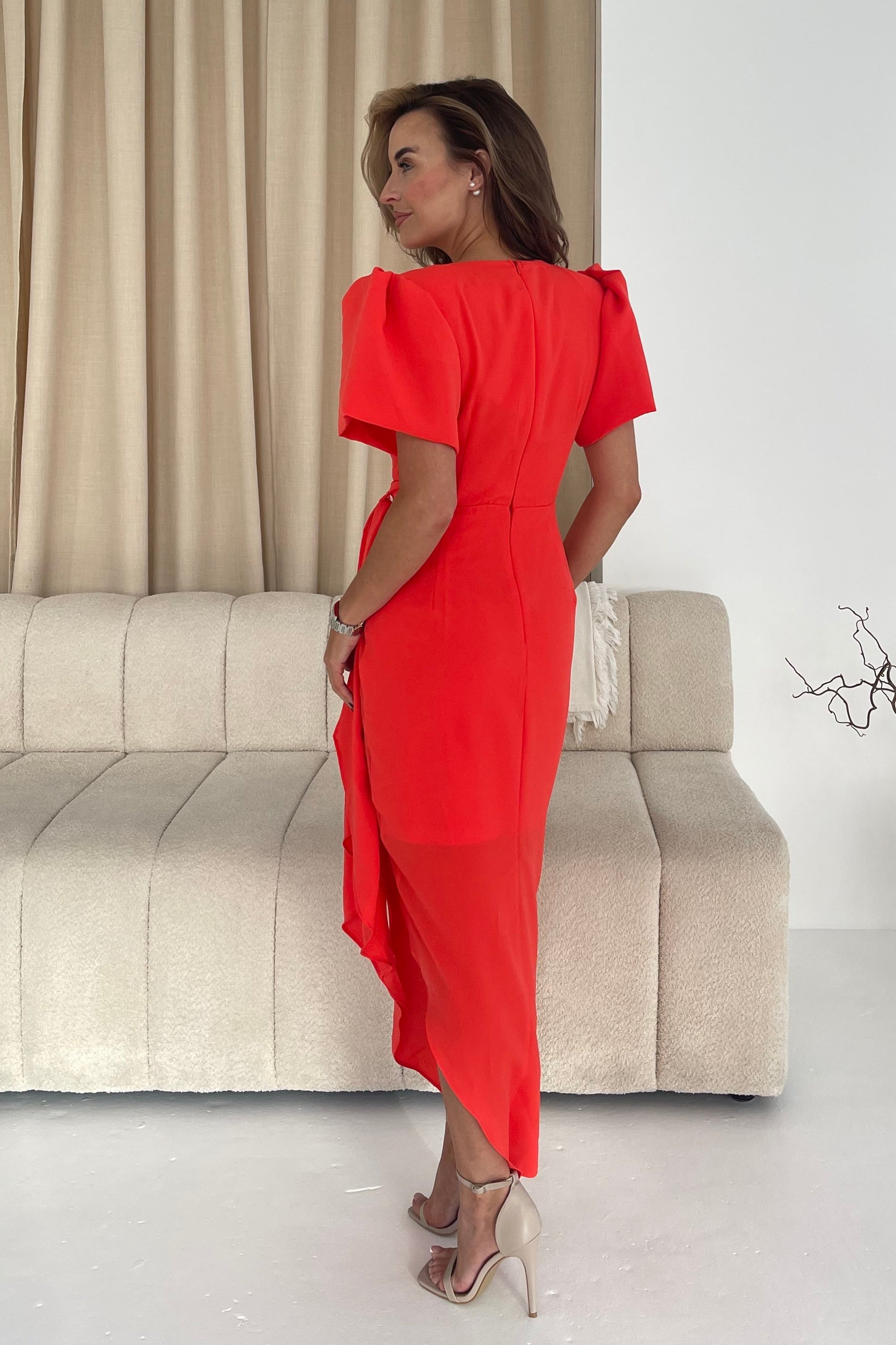 Drew Puff Sleeve Wrap Front Midi Dress Orange