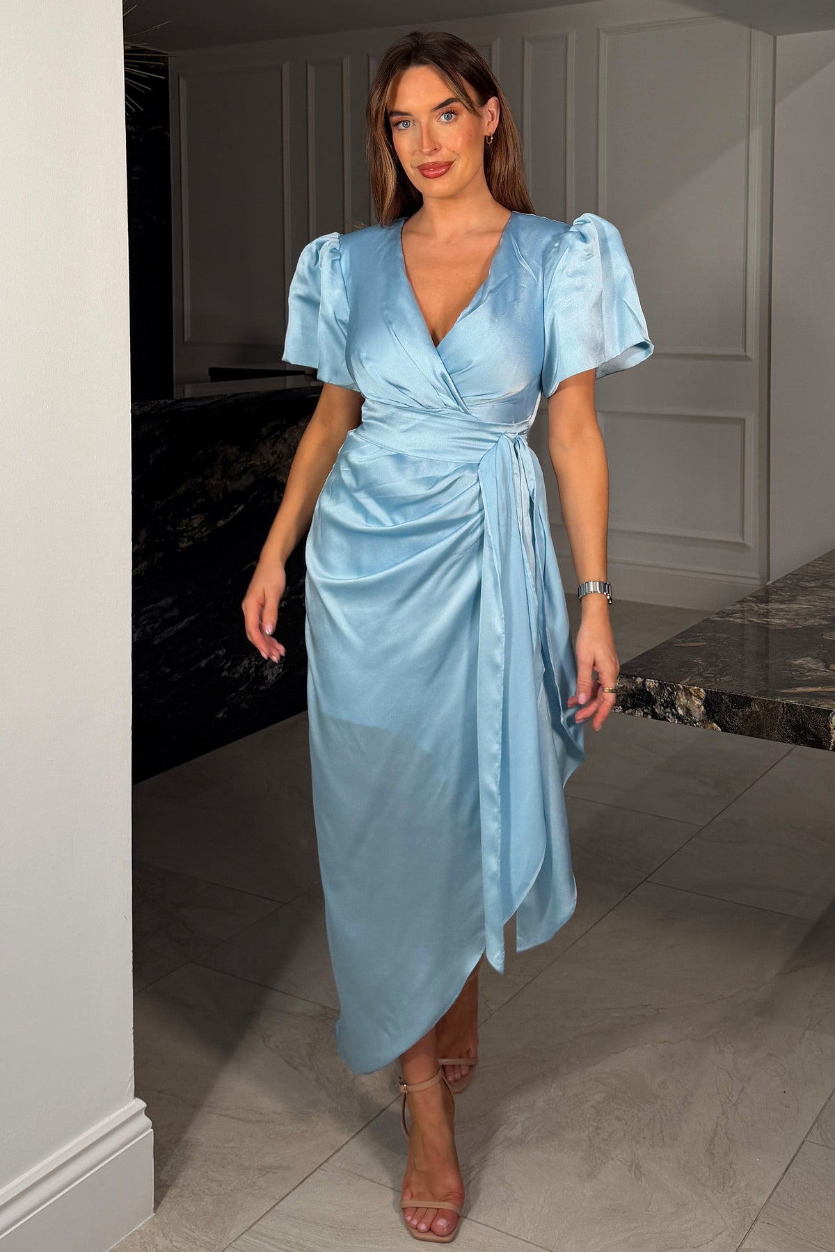 Drew Puff Sleeve Wrap Front Midi Dress Sky Blue