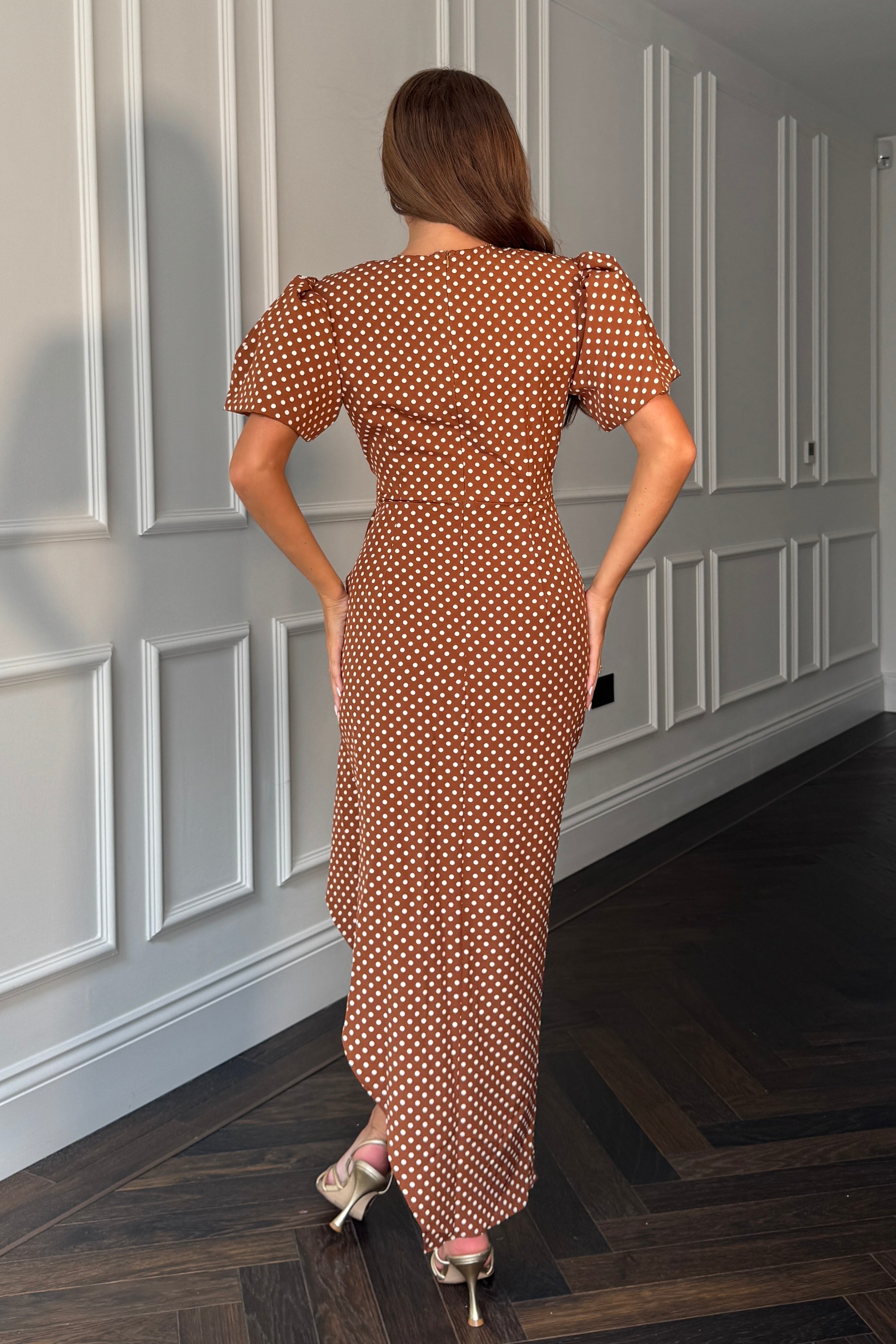 Drew Puff Sleeve Wrap Front Midi Dress Brown Spot