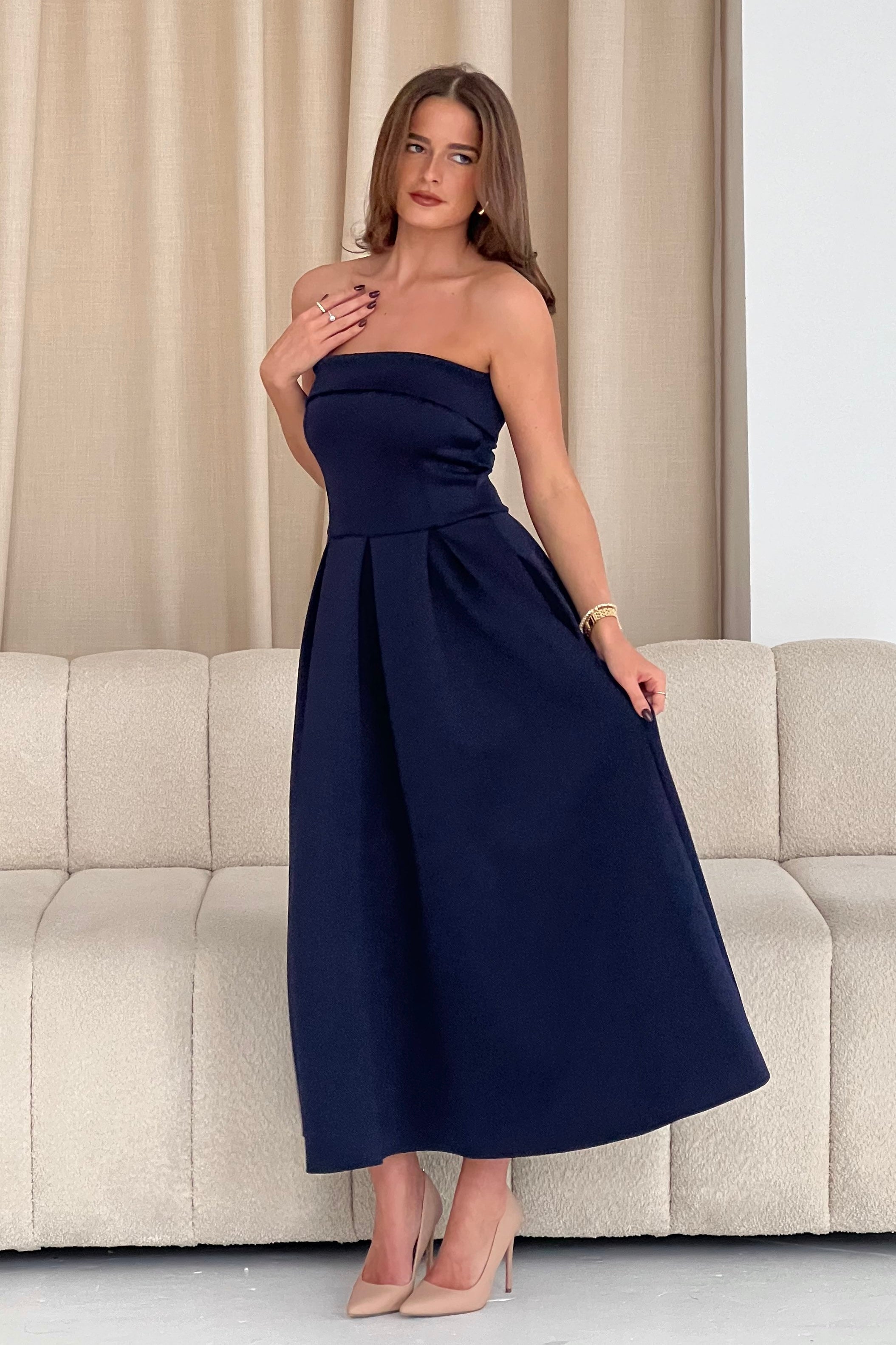 Danni Strapless Bandeau Midi Dress Navy