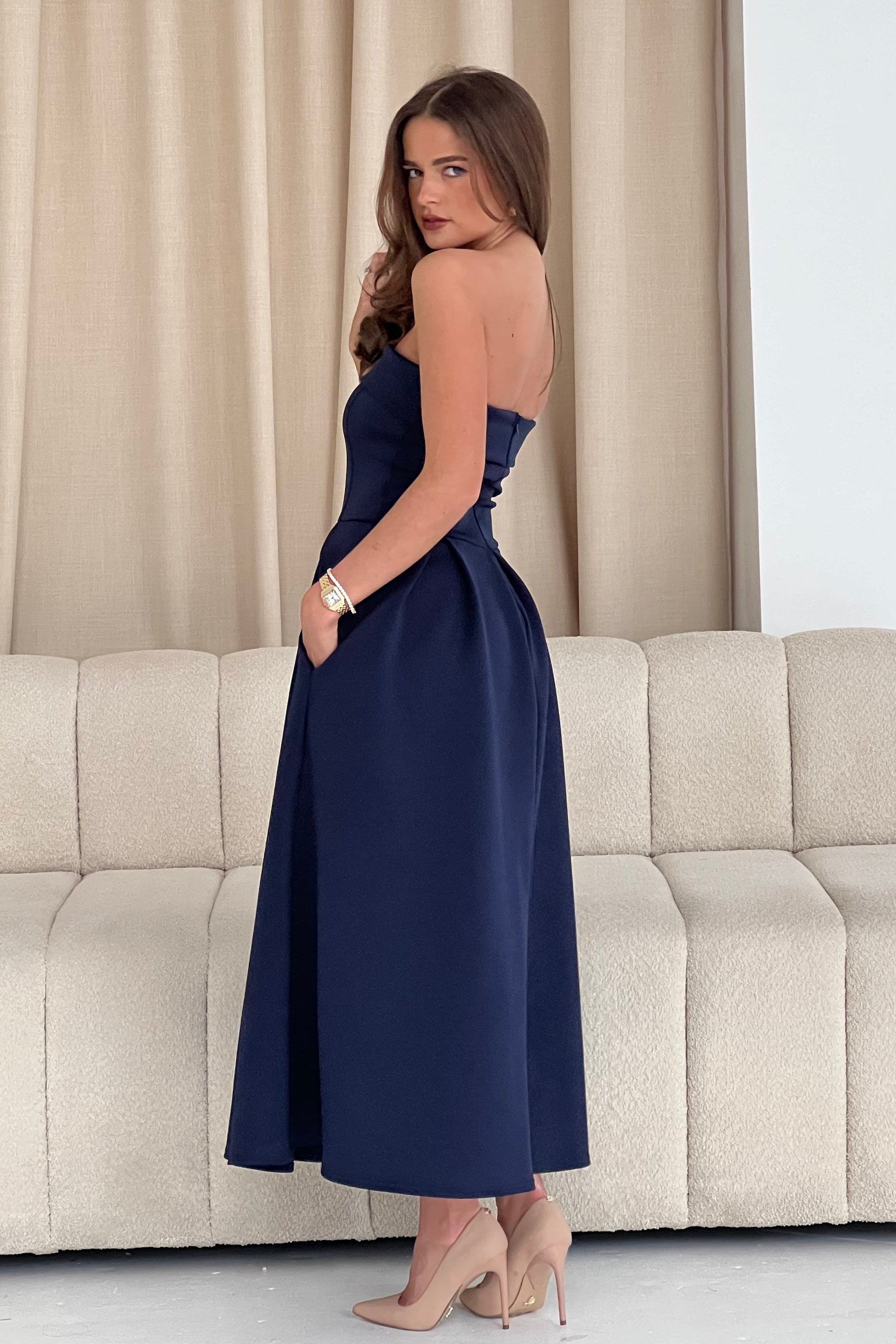 Danni Strapless Bandeau Midi Dress Navy