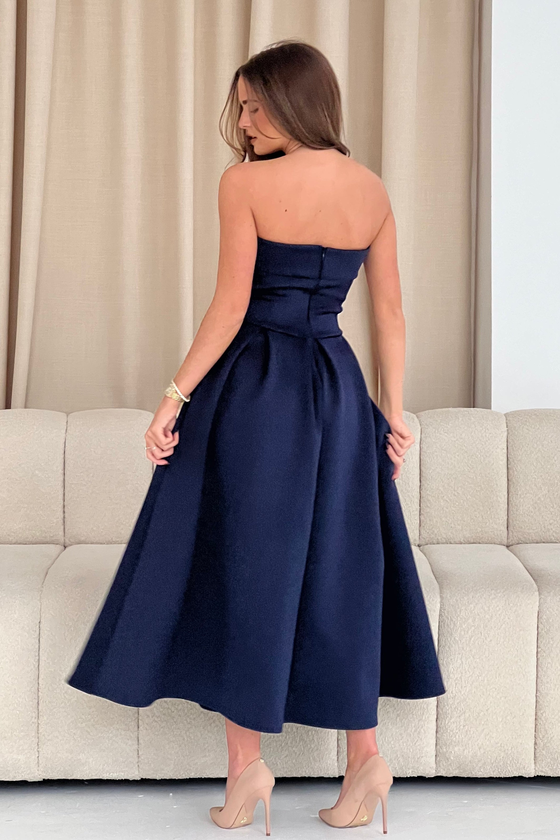 Danni Strapless Bandeau Midi Dress Navy