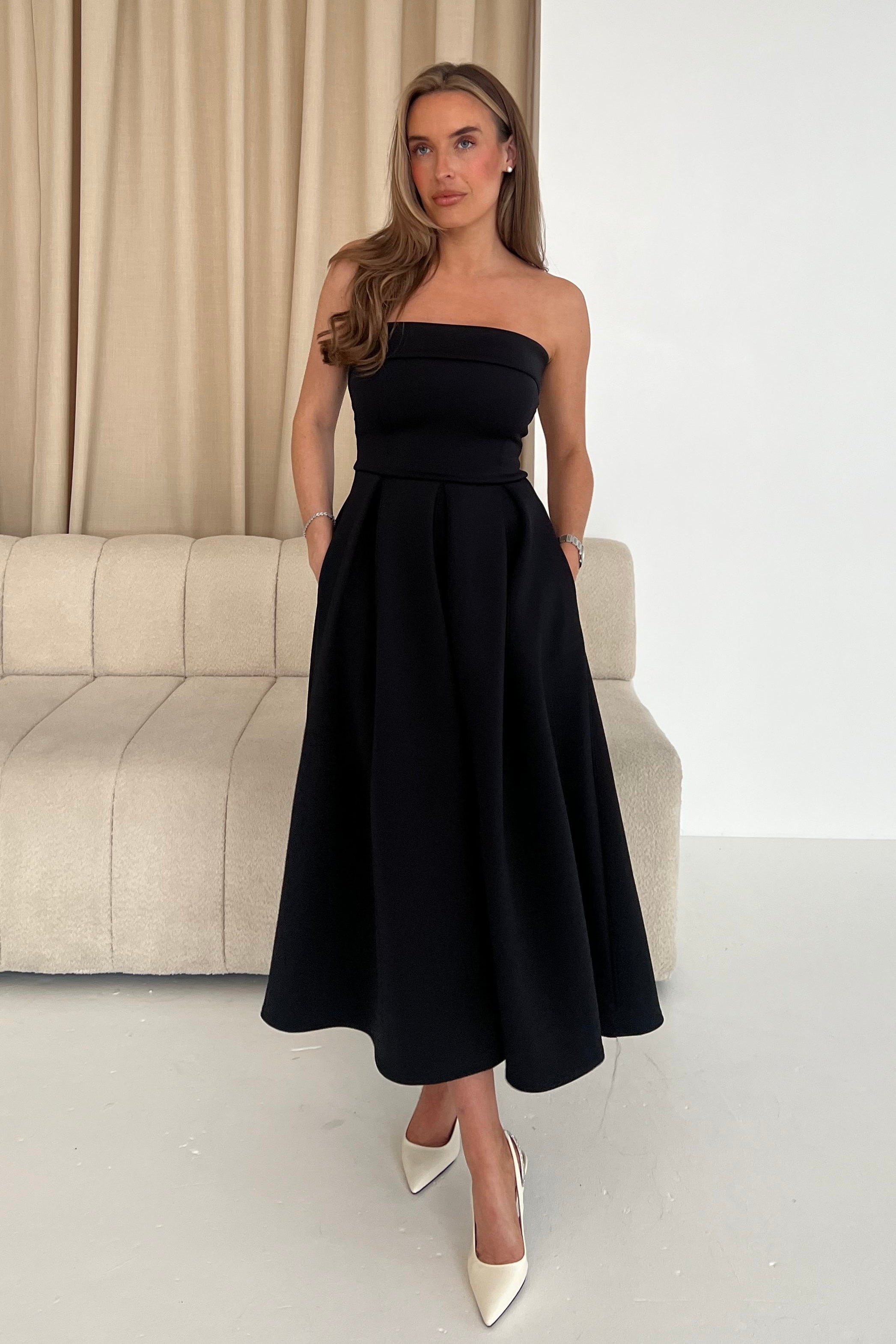 Danni Strapless Bandeau Midi Dress Black