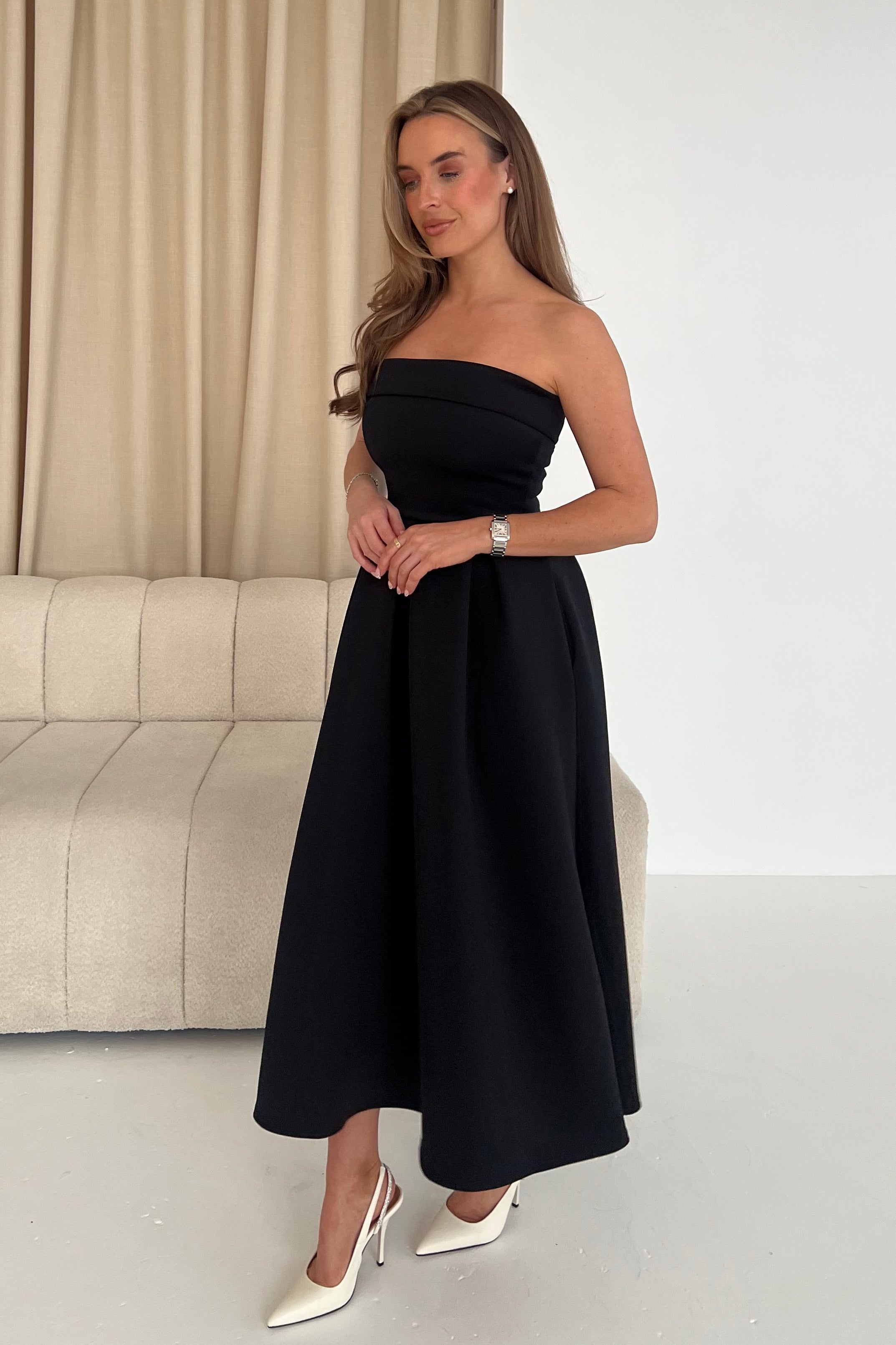 Danni Strapless Bandeau Midi Dress Black