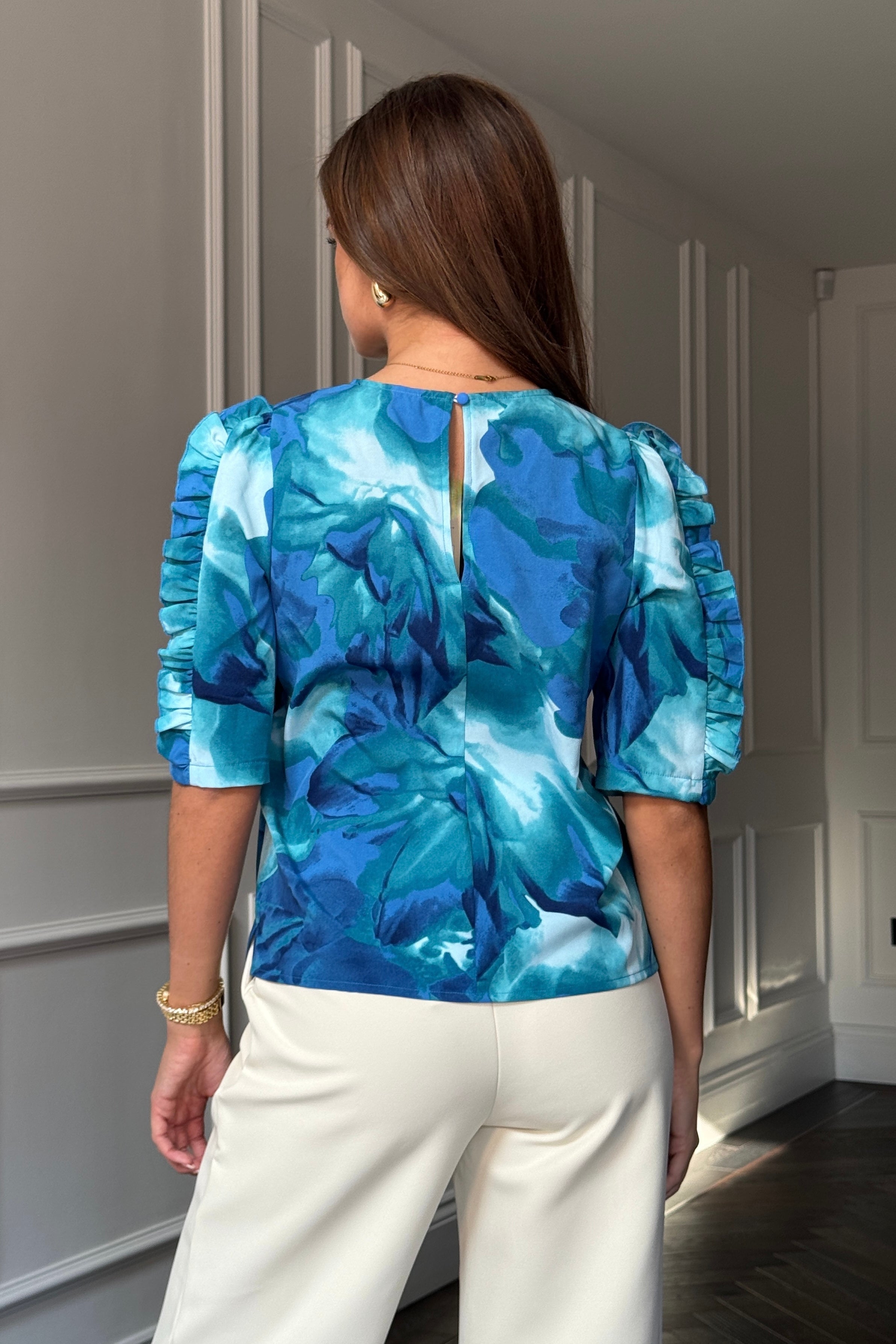 Asher Blue Floral Print Frill Sleeve Top