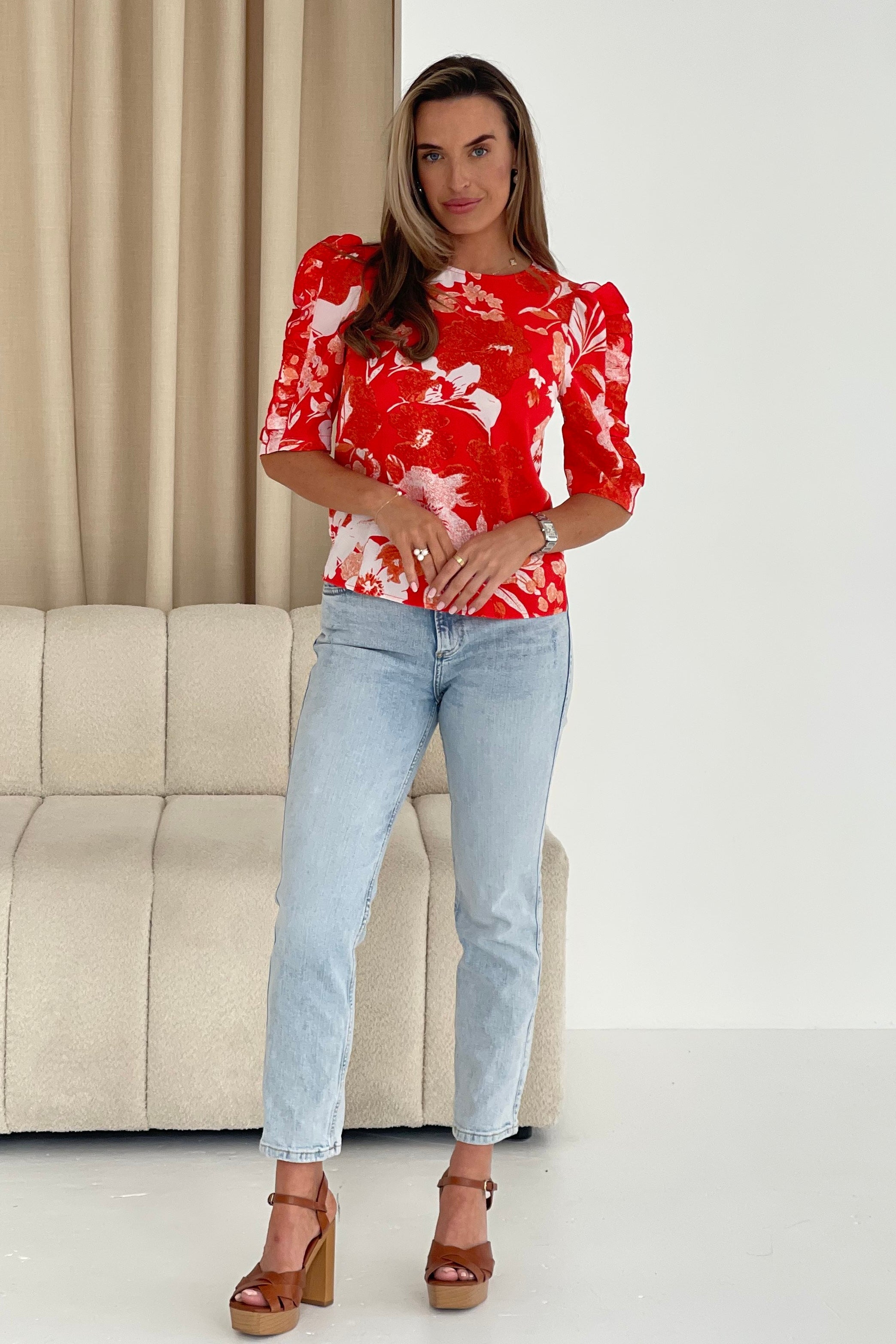 Asher Red Floral Print Frill Sleeve Top