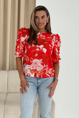 Asher Red Floral Print Frill Sleeve Top