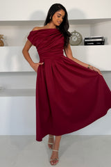 Betty Asymmetric Neckline Skater Midi Wine