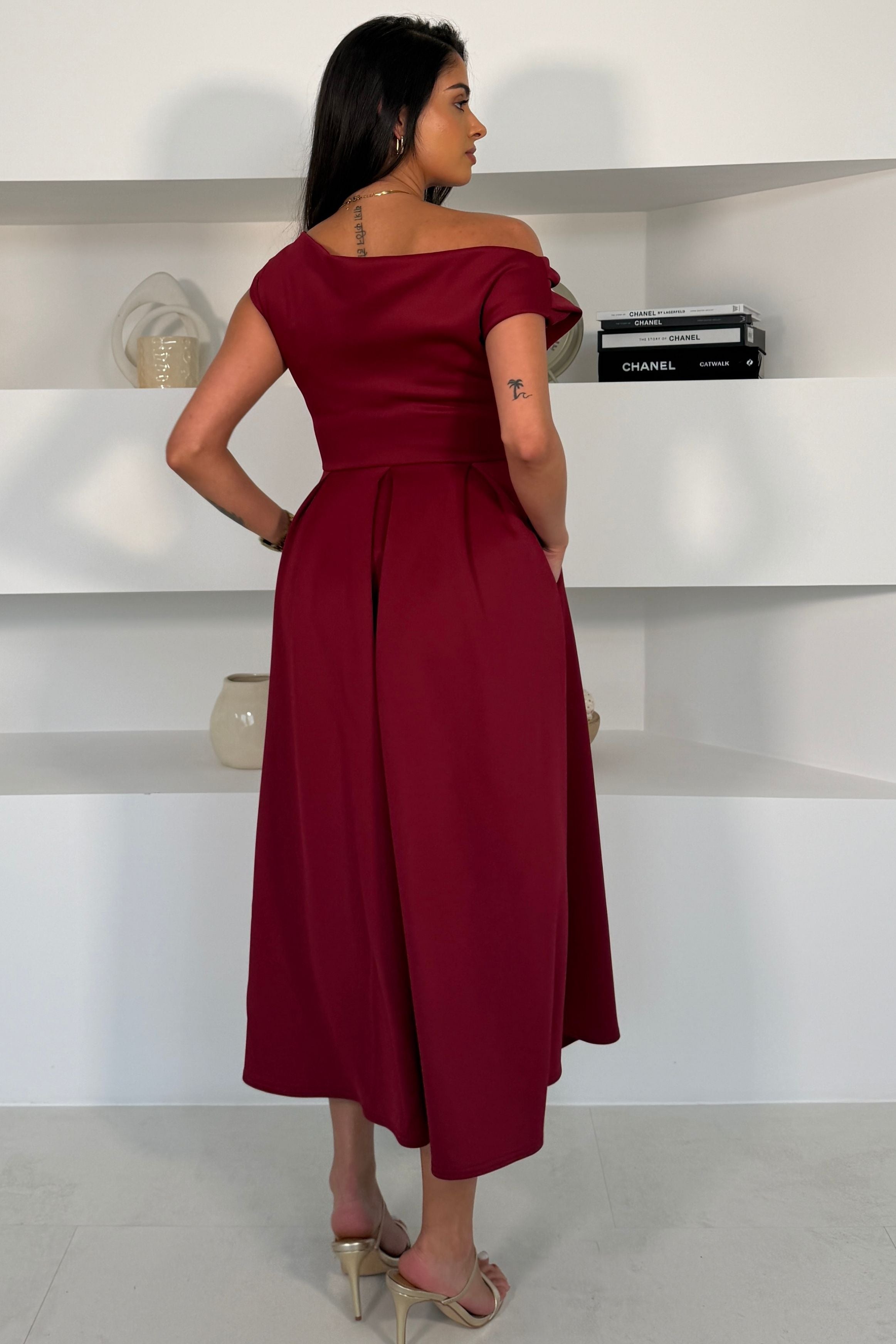 Betty Asymmetric Neckline Skater Midi Wine