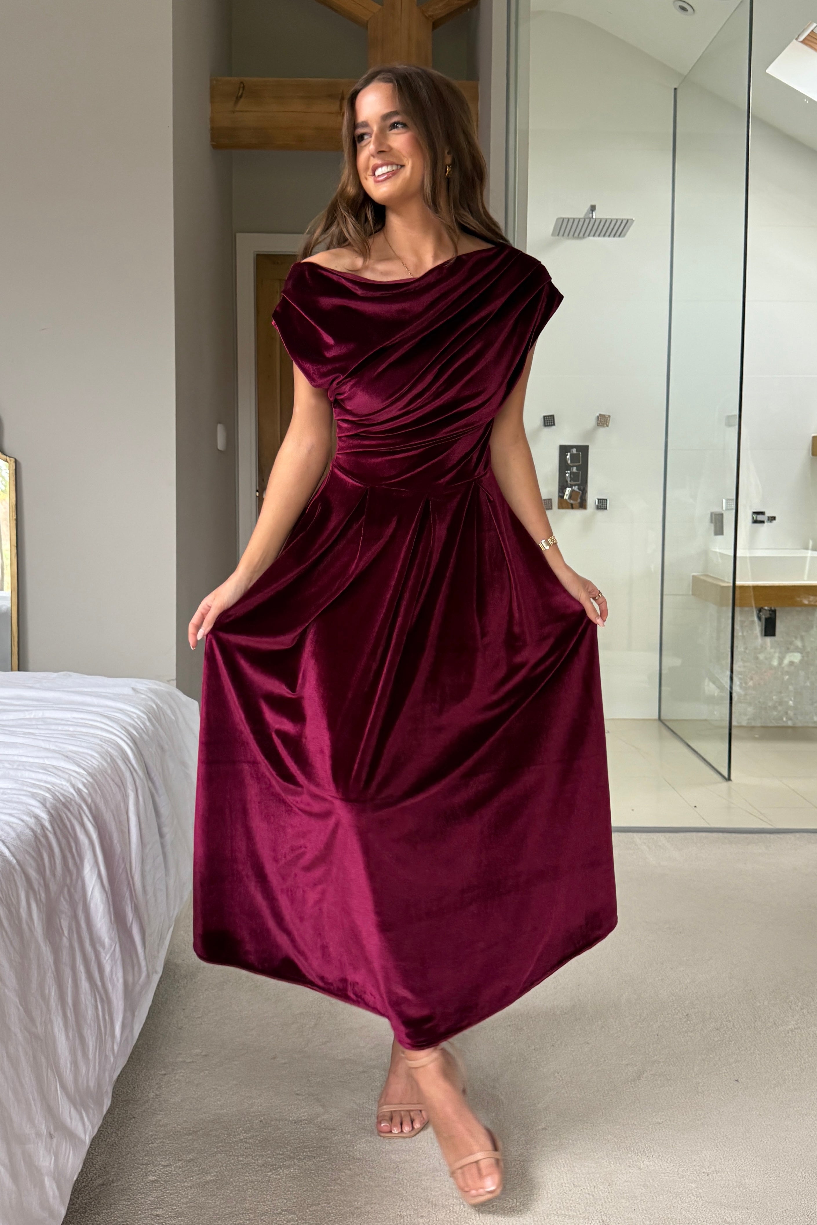 Betty Asymmetric Neckline Skater Midi Berry Velvet