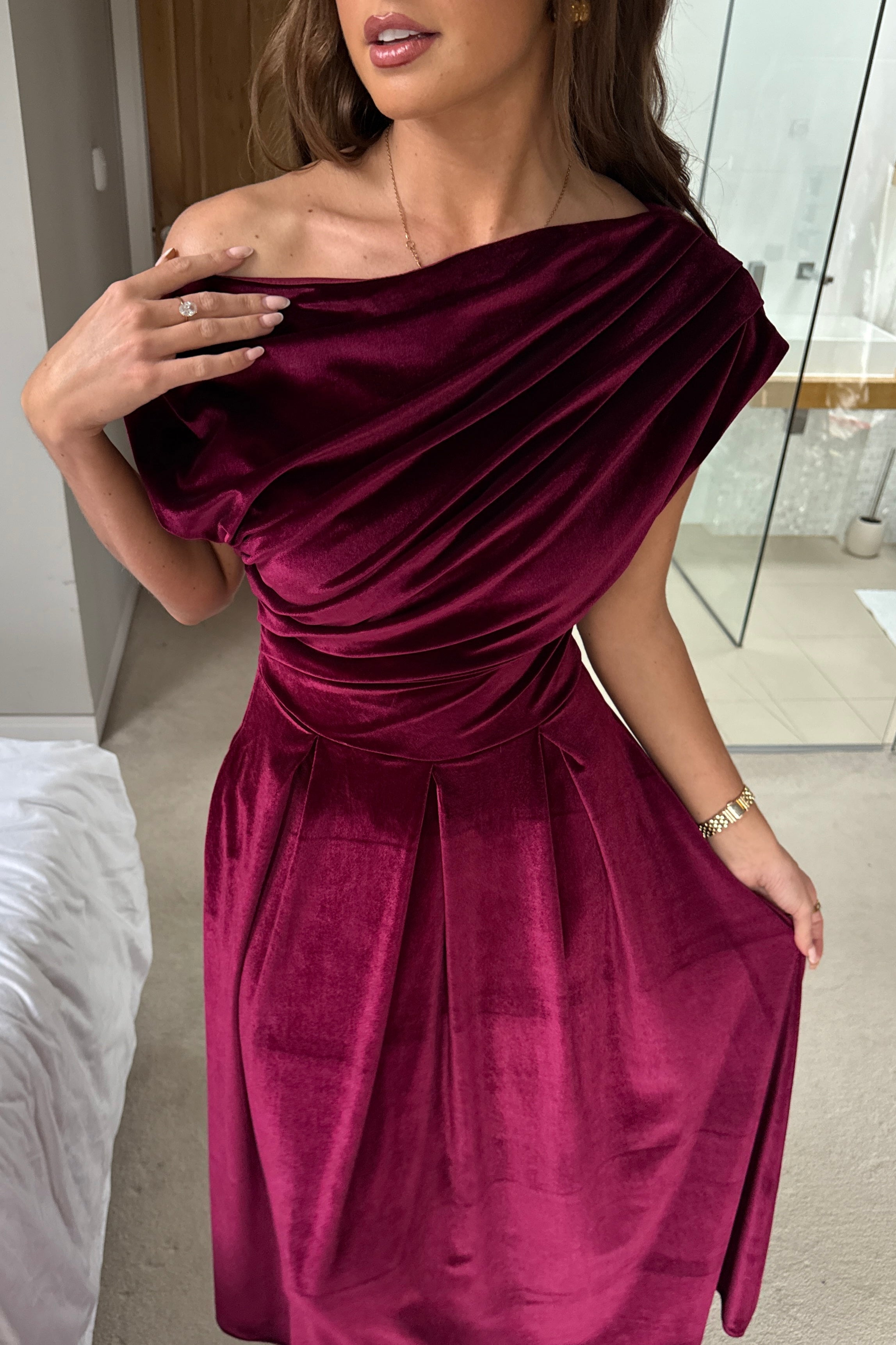 Betty Asymmetric Neckline Skater Midi Berry Velvet