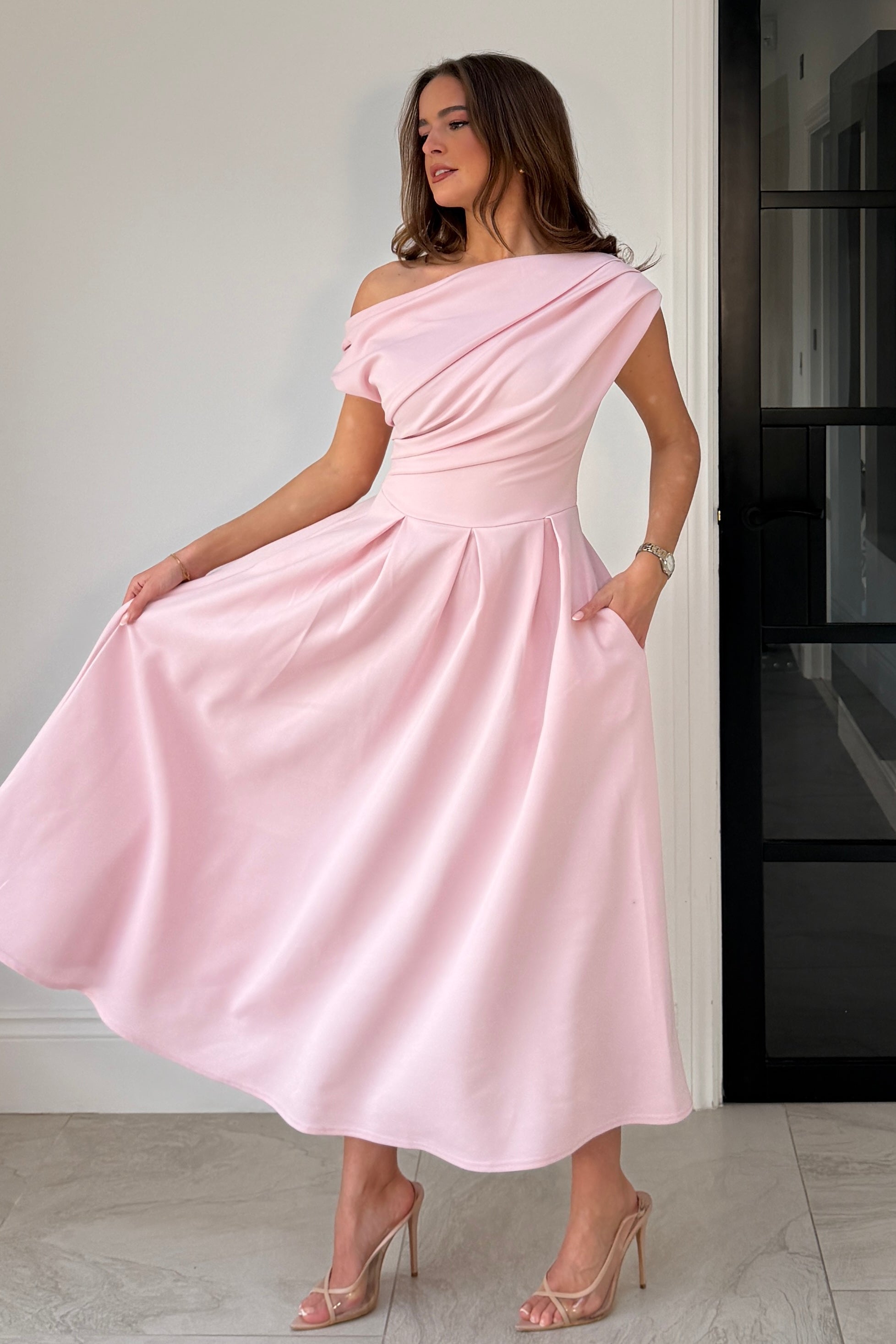 Betty Asymmetric Neckline Skater Midi Pink