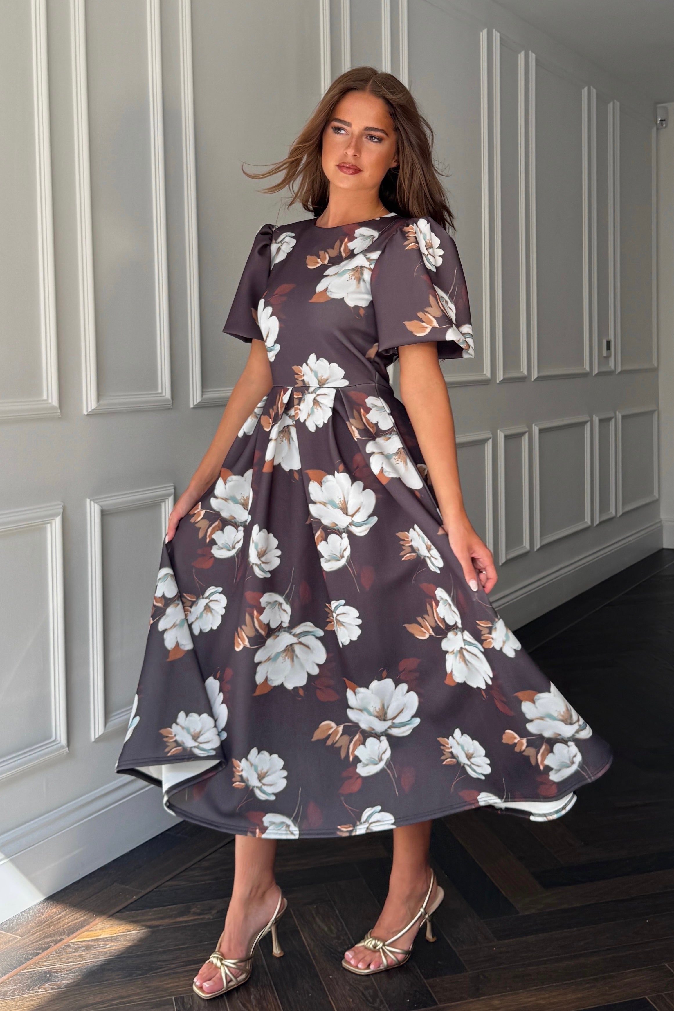 Elowin Statement Sleeve Skater Midi Dress Brown Floral