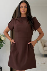 Ami Tulip Sleeve High Neck Mini Dress Brown