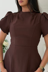 Ami Tulip Sleeve High Neck Mini Dress Brown