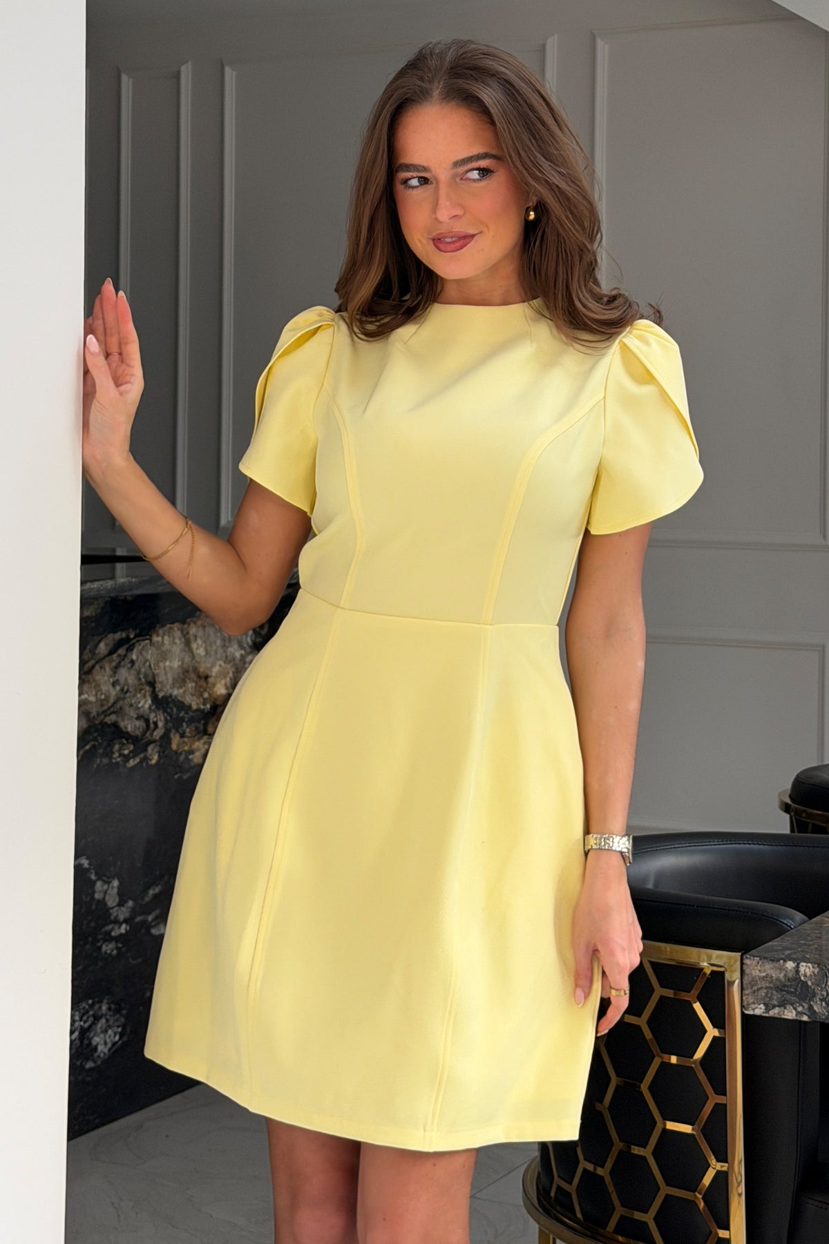 Ami Tulip Sleeve High Neck Mini Dress Yellow