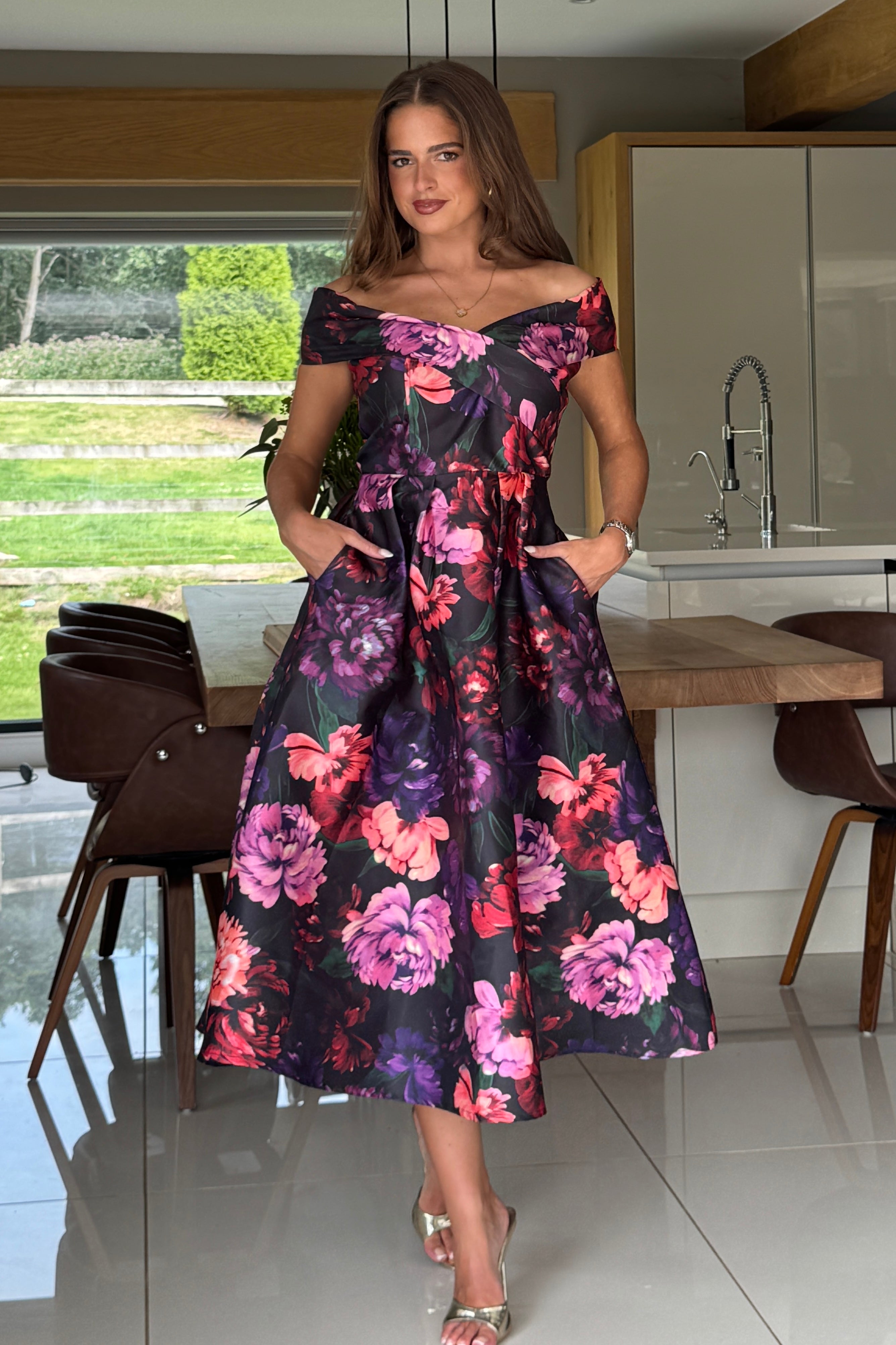 Daphne Off The Shoulder Skater Midi Dress Dark Floral