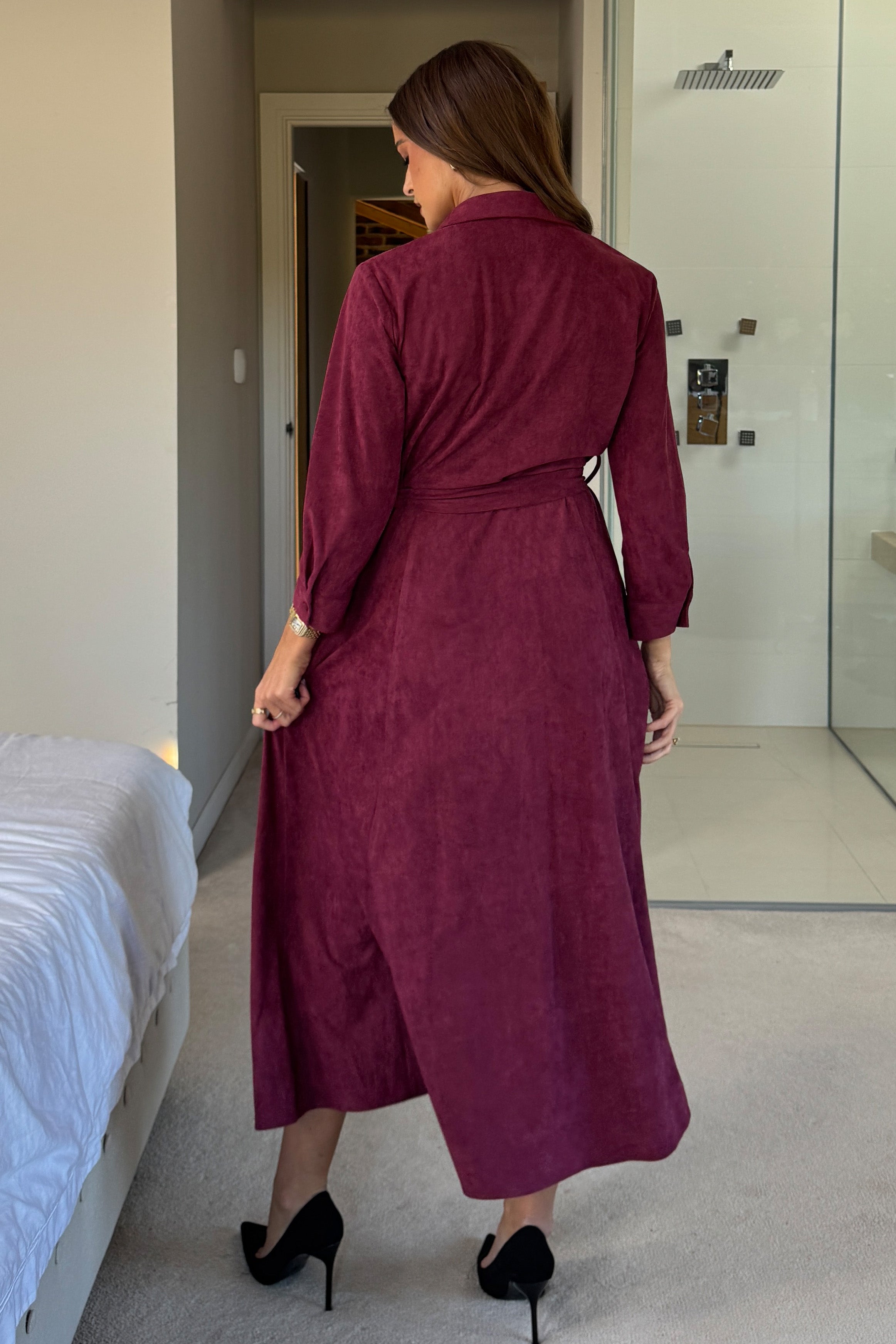 Angela Long Sleeve Maxi Shirt Dress Berry Suede
