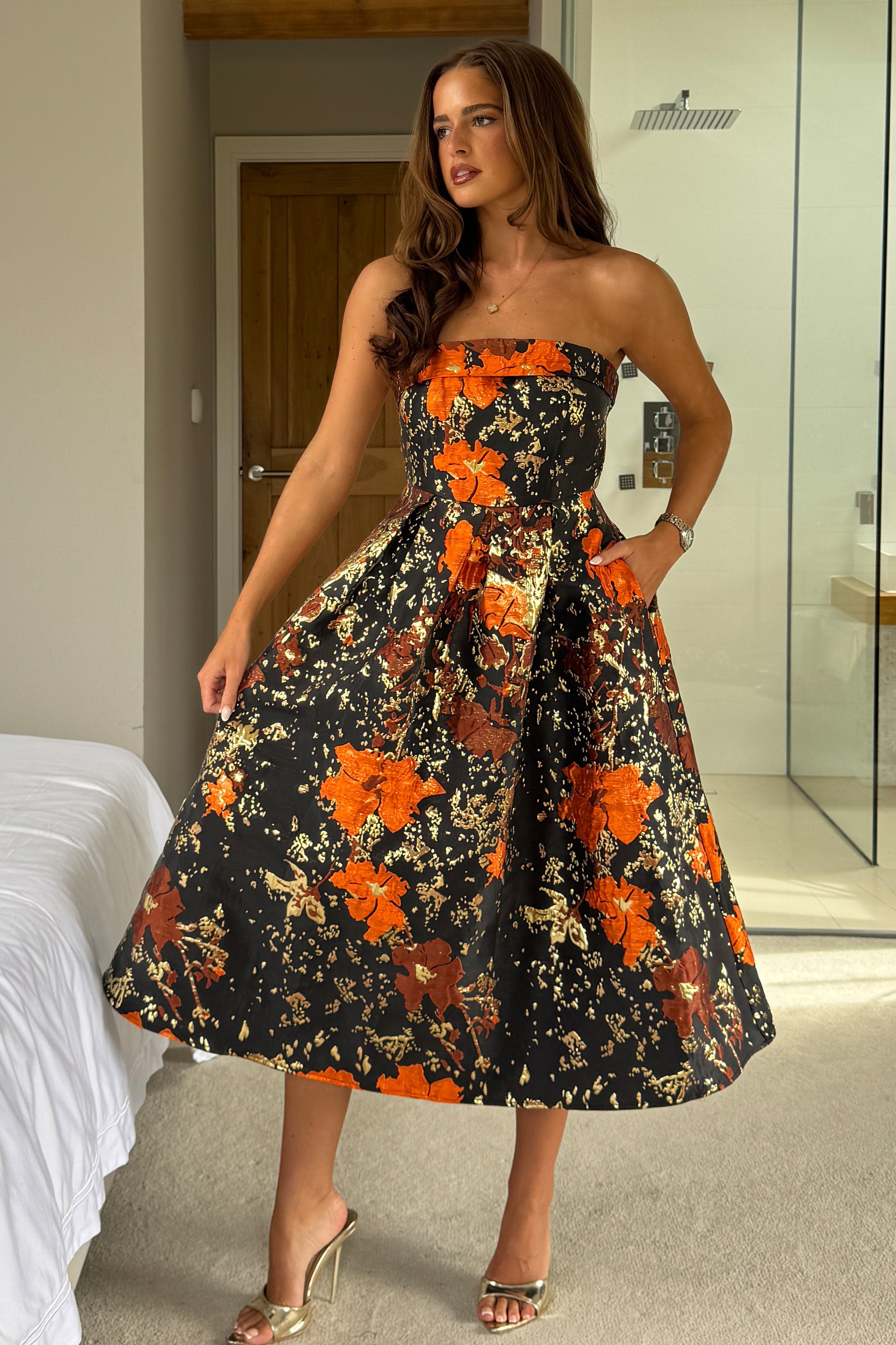 Danni Strapless Bandeau Midi Dress Black And Gold