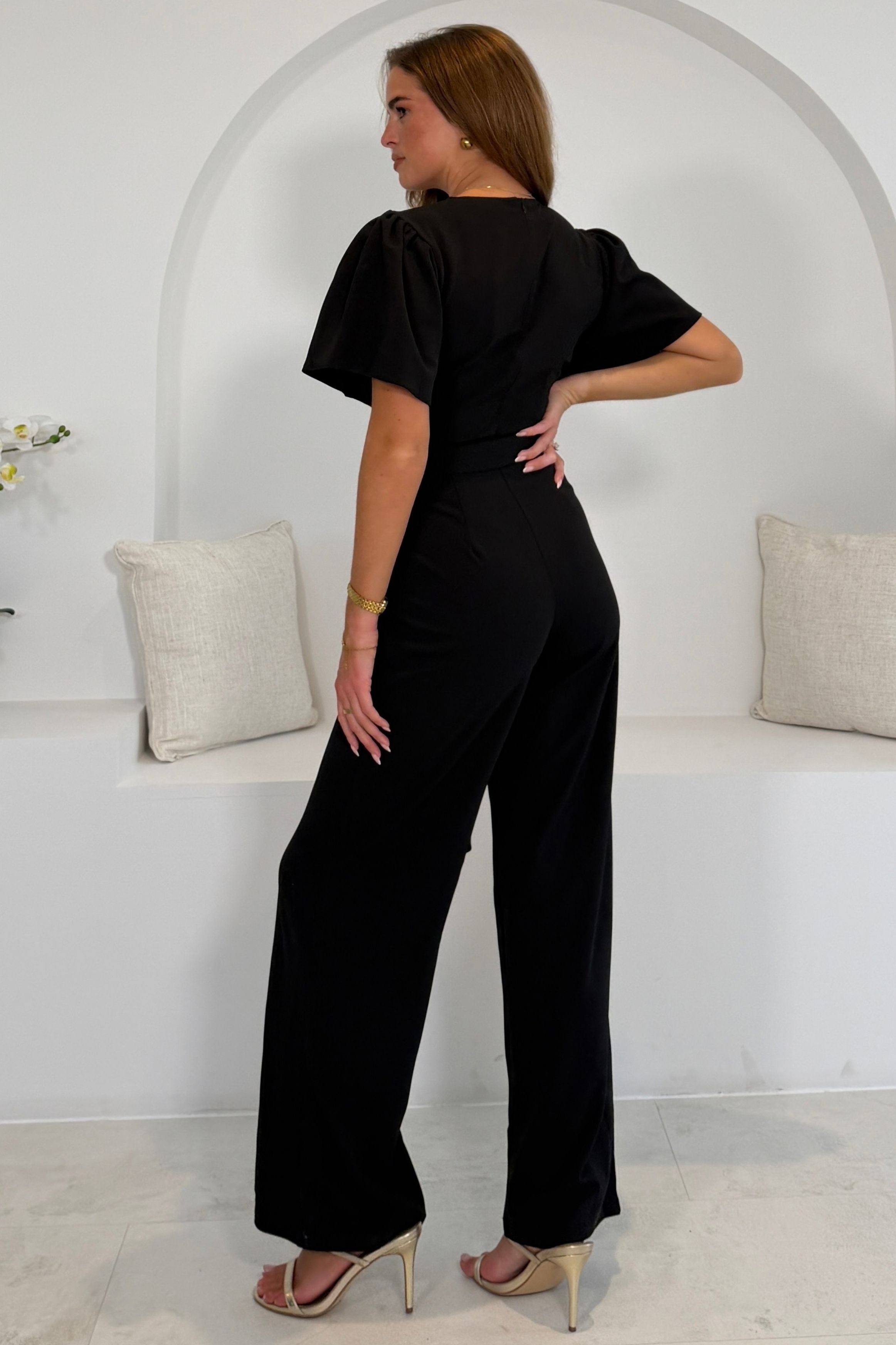 Drew Wrap Neck Puff Sleeve Jumpsuit Black