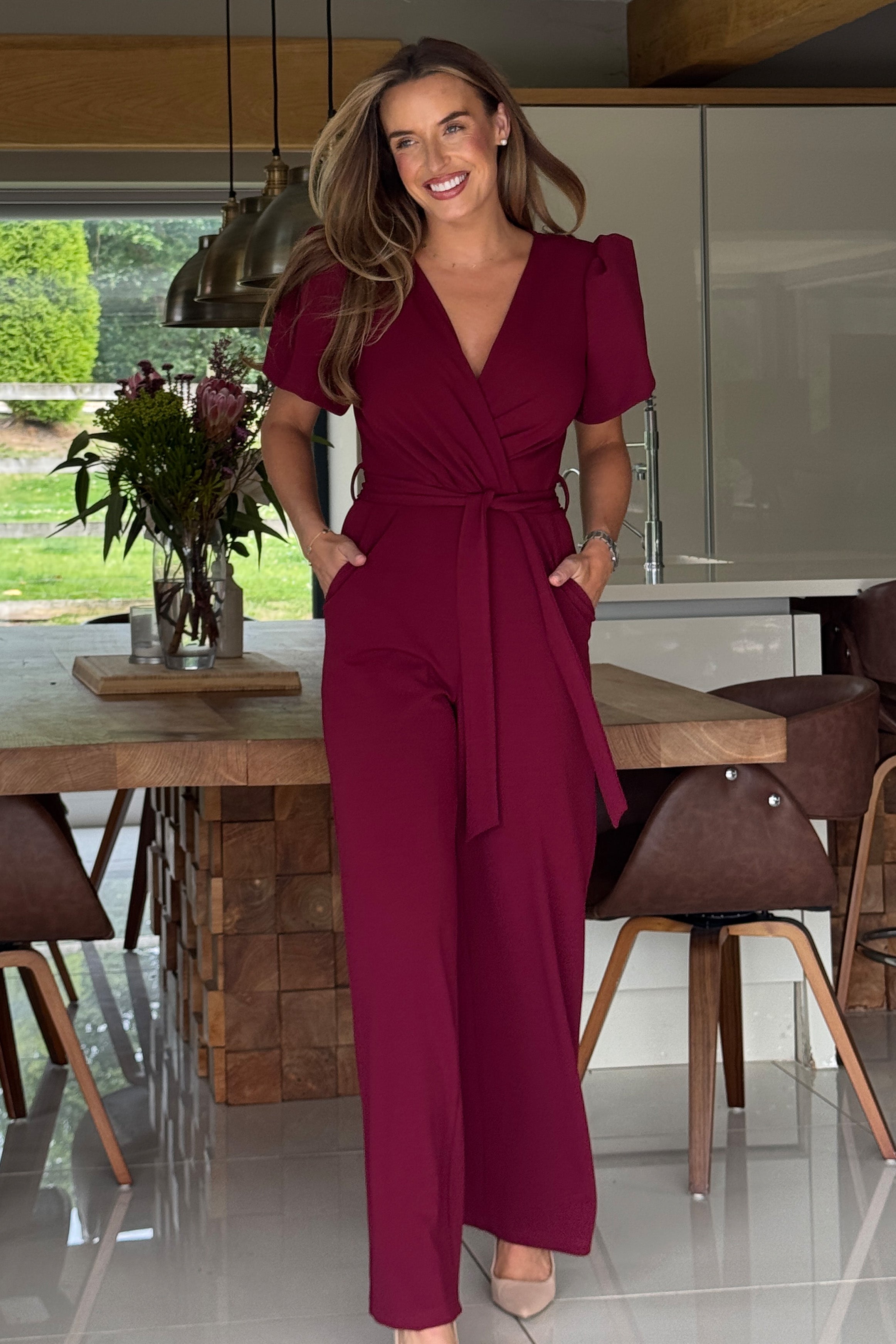 Drew Wrap Neck Puff Sleeve Jumpsuit Berry