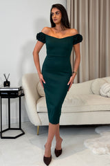 Alice 3D Floral Detail Off The Shoulder Midi Dress Emerald Green