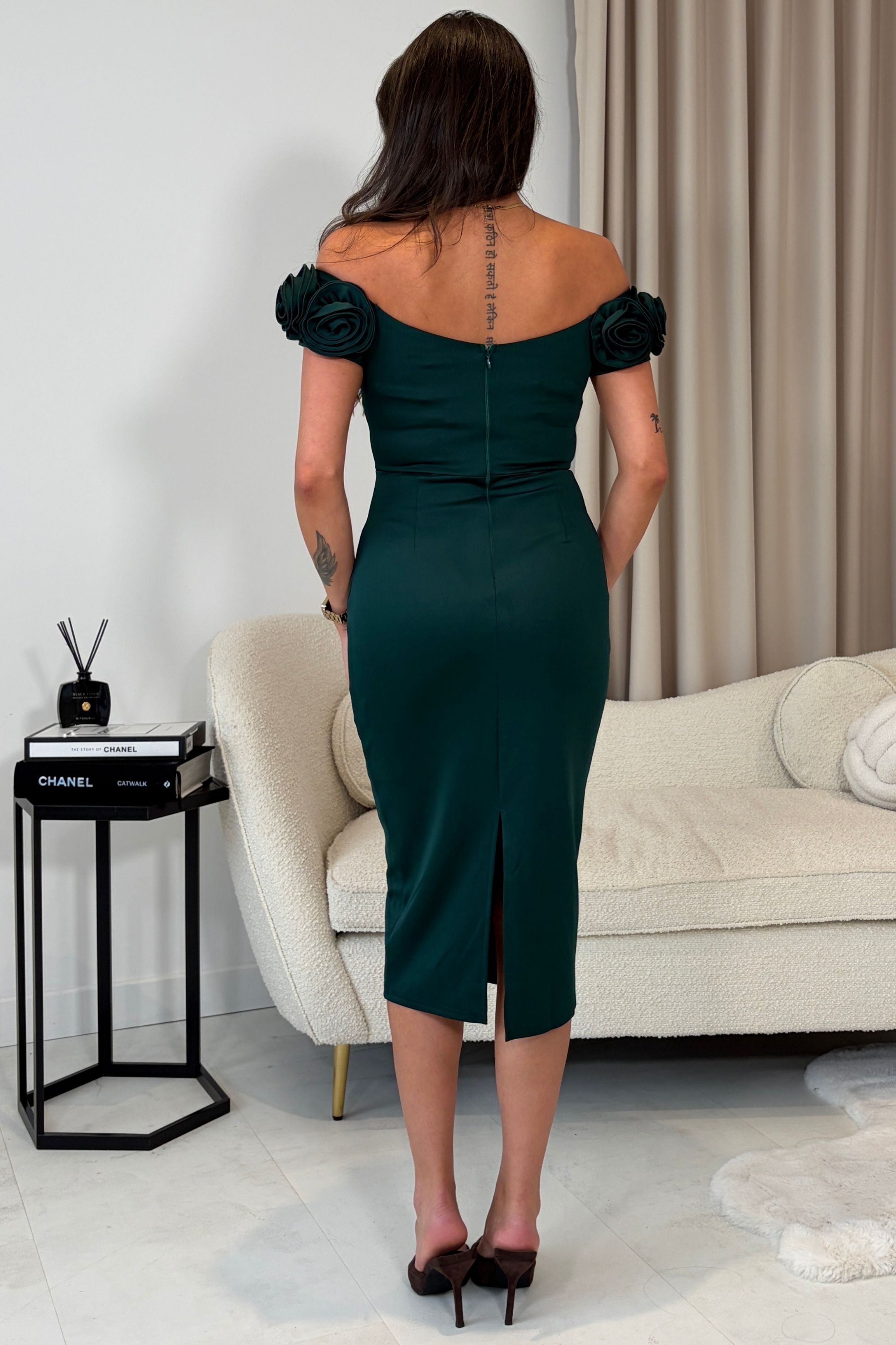 Alice 3D Floral Detail Off The Shoulder Midi Dress Emerald Green