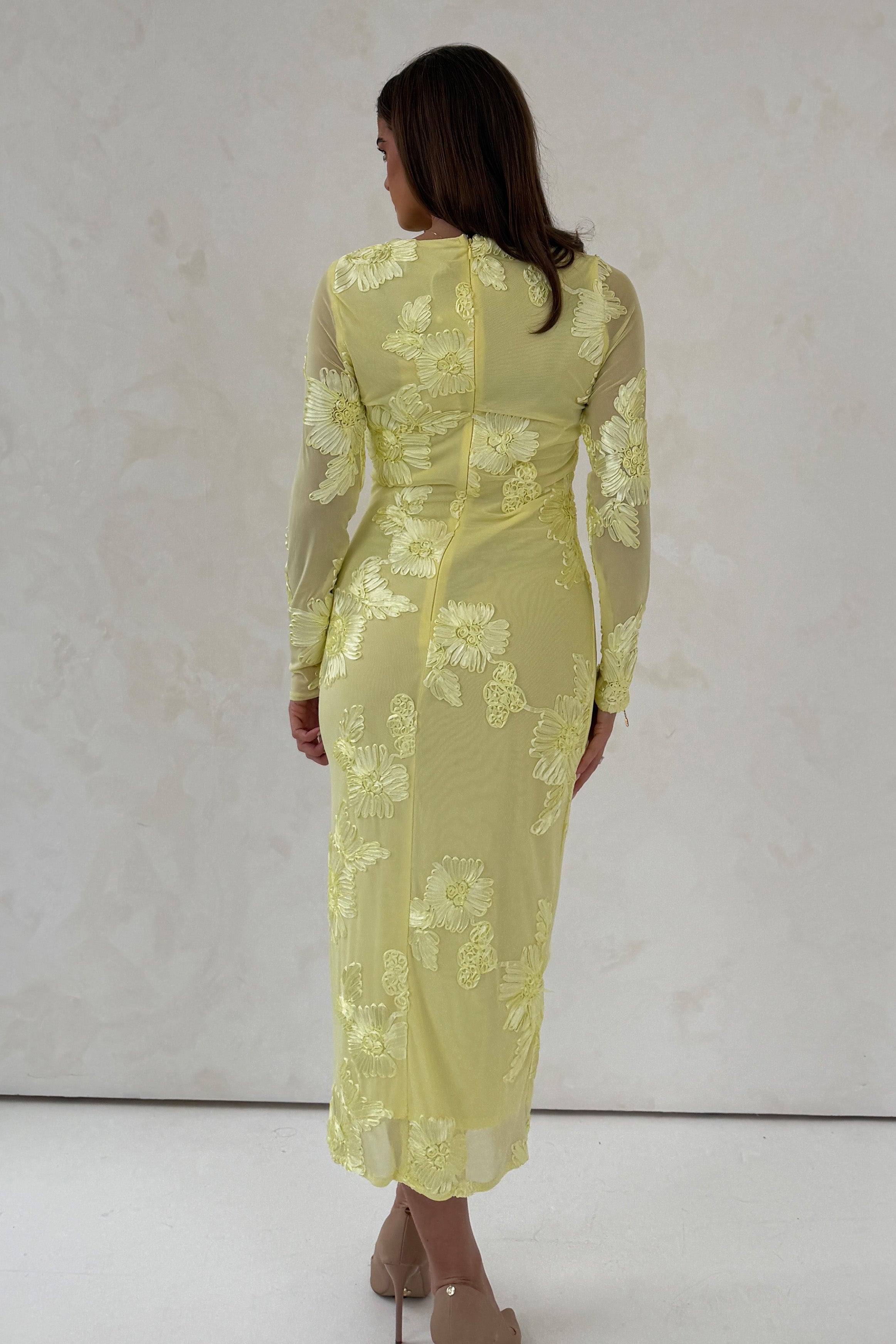 Elodie Floral Embroidered Mesh Bodycon Midi Dress Yellow