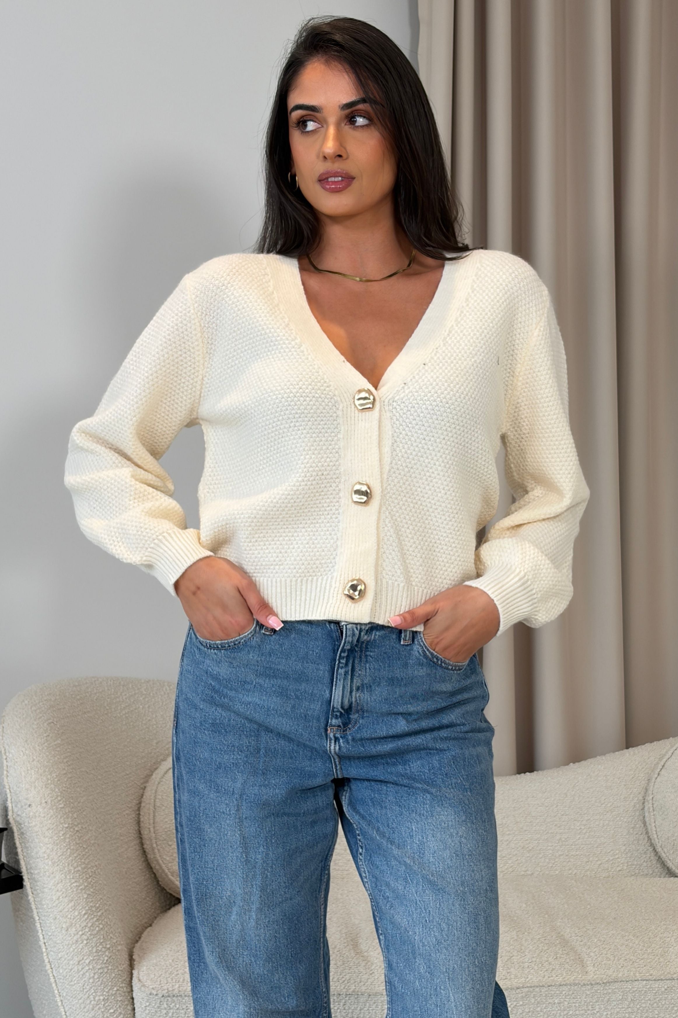 Dominique V Neck Gold Button Cardigan Cream