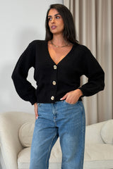 Dominique V Neck Gold Button Cardigan Black