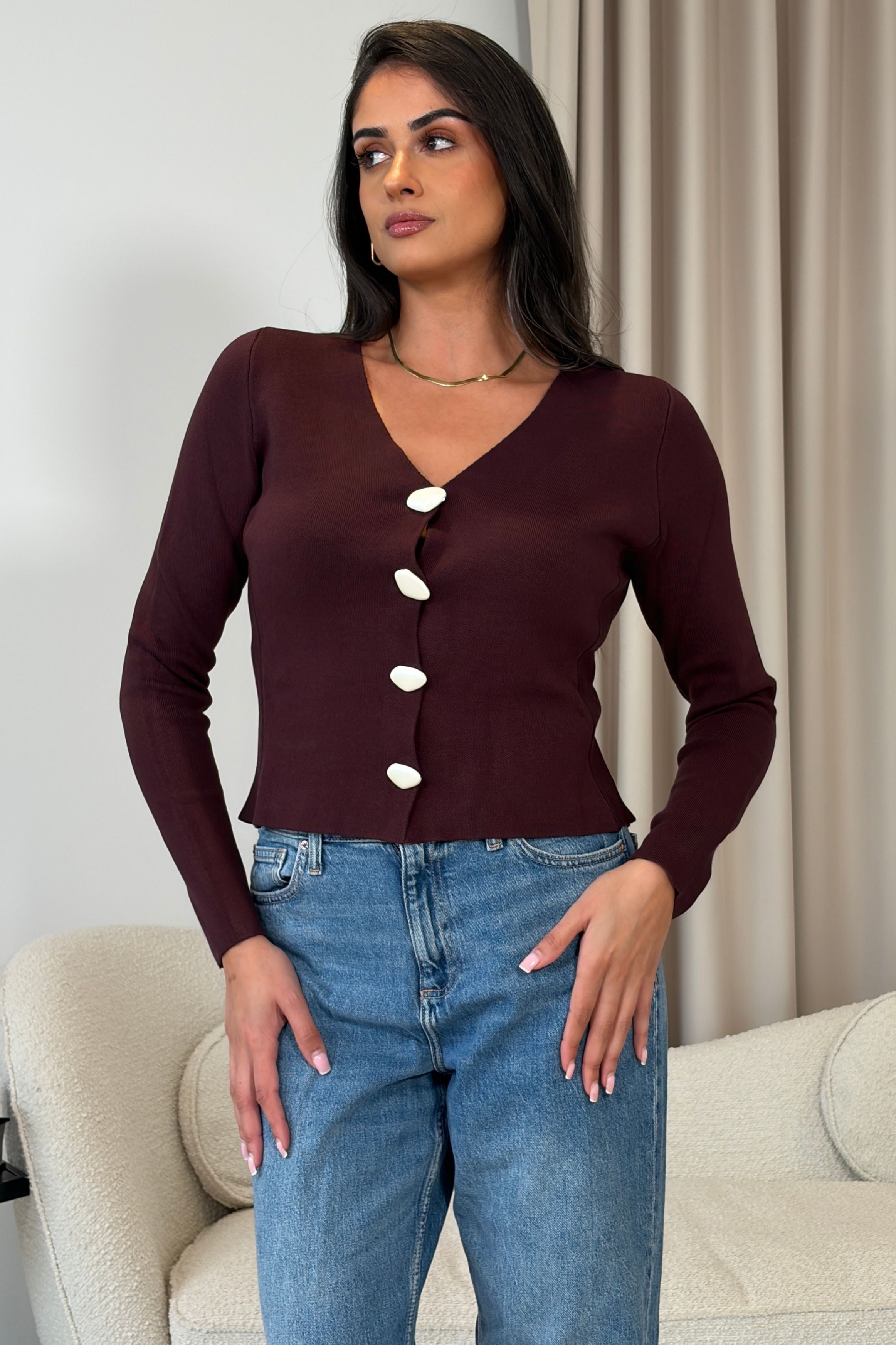 Desiree Pearl Button V Neck Knitted Cardigal Brown