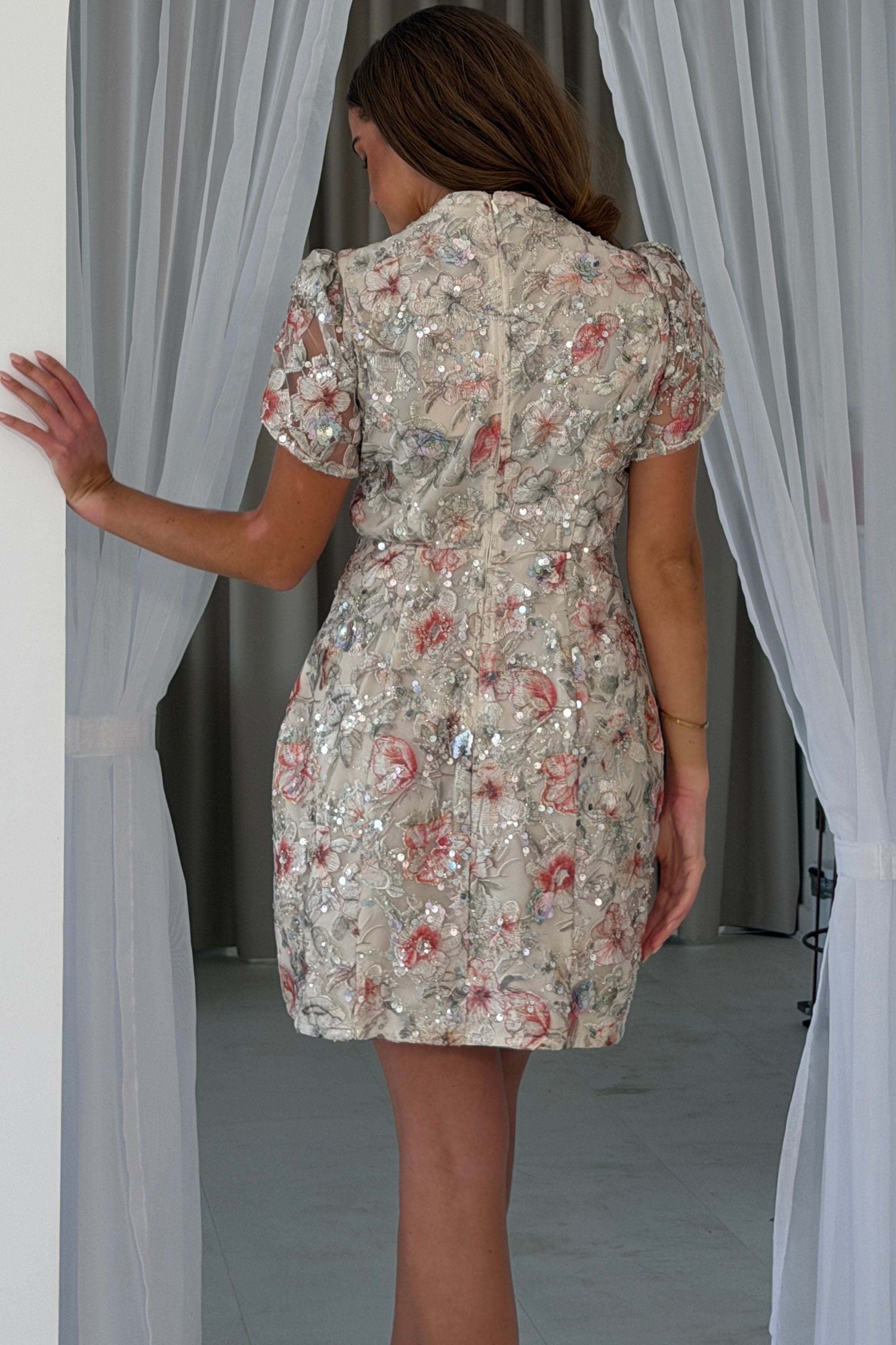 Ami Sequin Tulip Sleeve Mini Dress Ivory