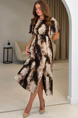 Britney Foiled Brown Angel Sleeve Midi Dress