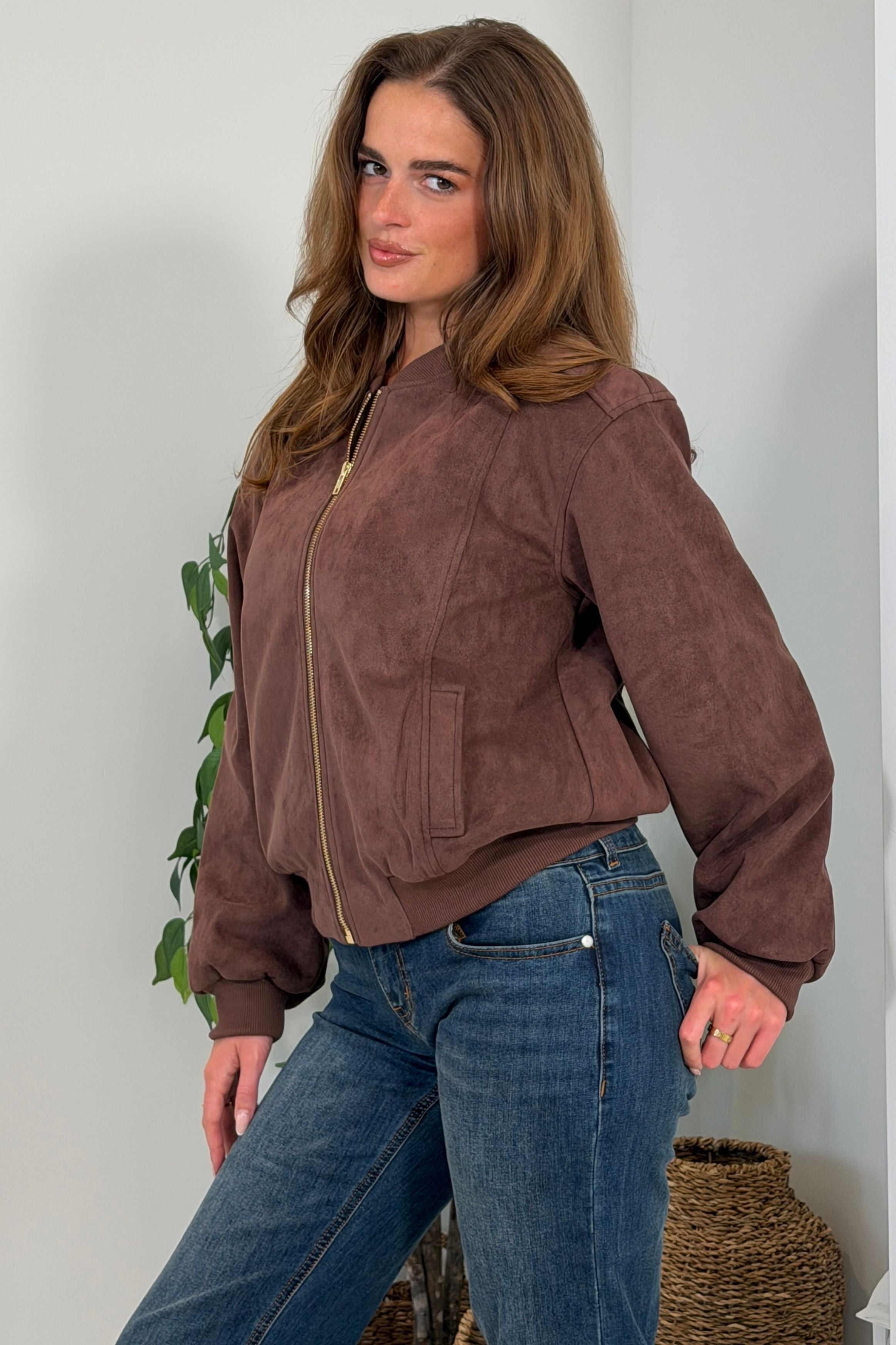 Arwen Suedette Classic Bomber Jacket Brown