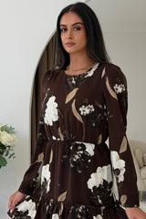 Crystal Long Sleeve Frill Skirt Mini Dress Brown Floral