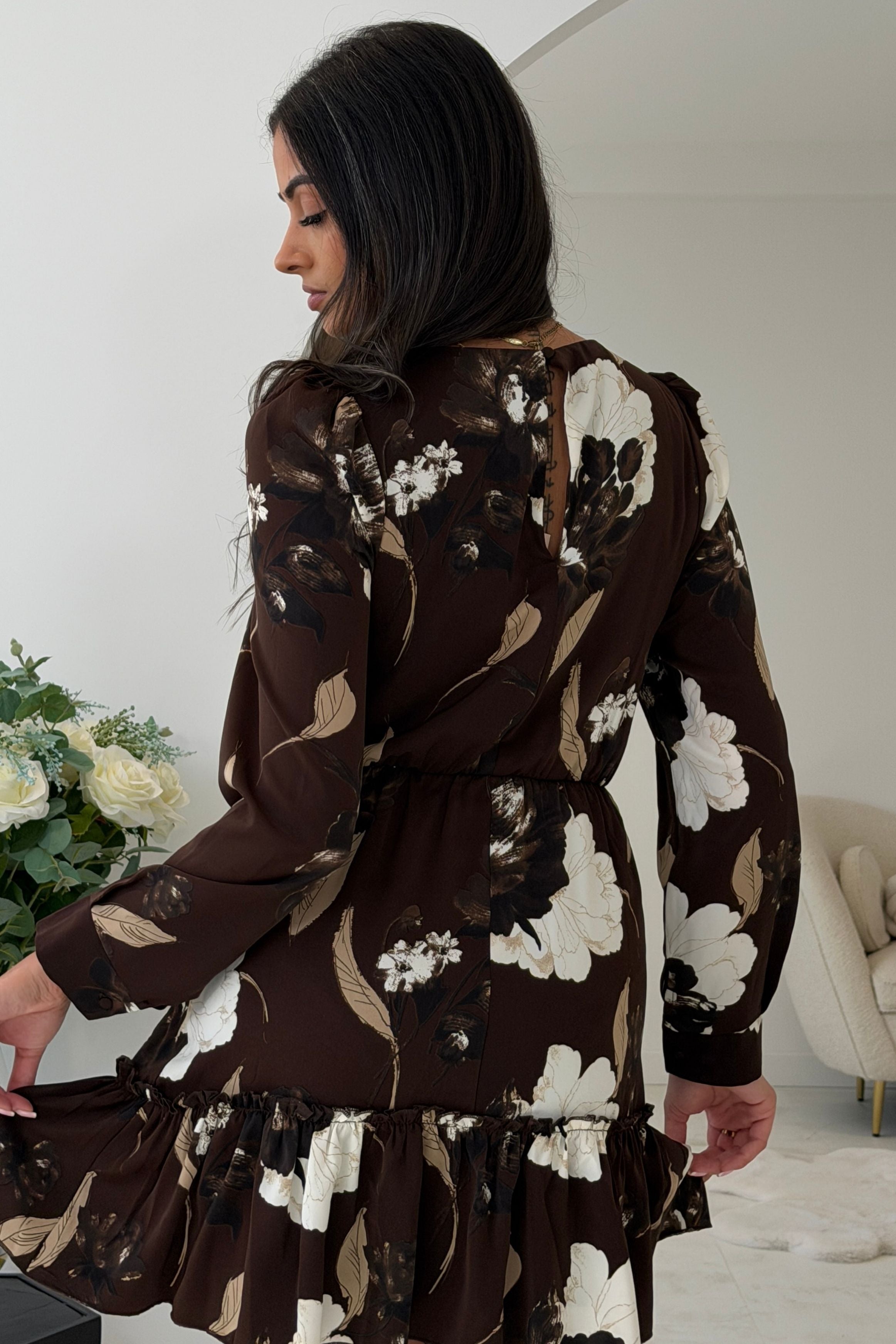 Crystal Long Sleeve Frill Skirt Mini Dress Brown Floral
