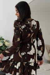 Crystal Long Sleeve Frill Skirt Mini Dress Brown Floral