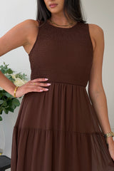 Calla Shirred Top Tiered Midi Dress Brown