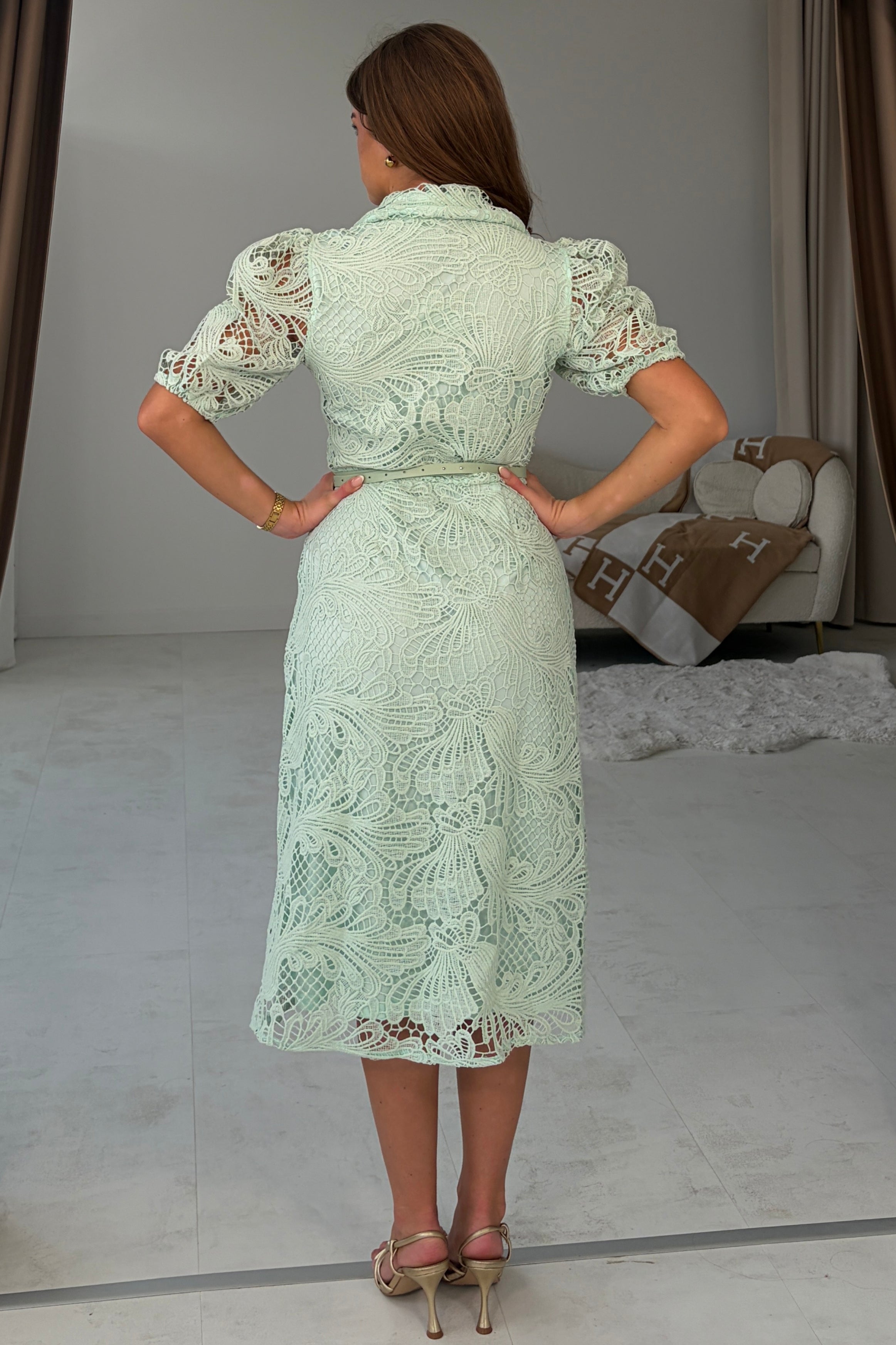 Bracken Short  Sleeve Lace Shirt Midi Dress Pastel Green