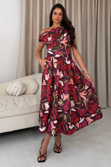 Betty Asymmetric Neckline Large Floral Skater Midi Dress Cranberry