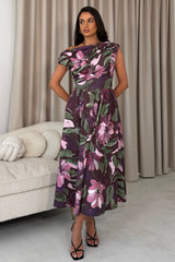 Betty Asymmetric Neckline Large Floral Skater Midi Dress Vintage Berry