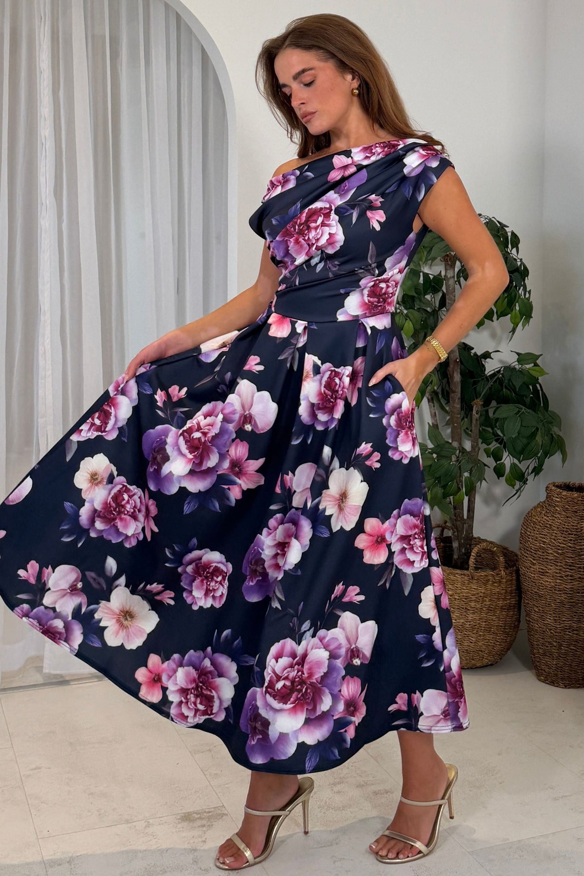 Betty Asymmetric Neckline Floral Skater Midi Dress Navy