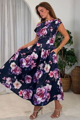 Betty Asymmetric Neckline Floral Skater Midi Dress Navy