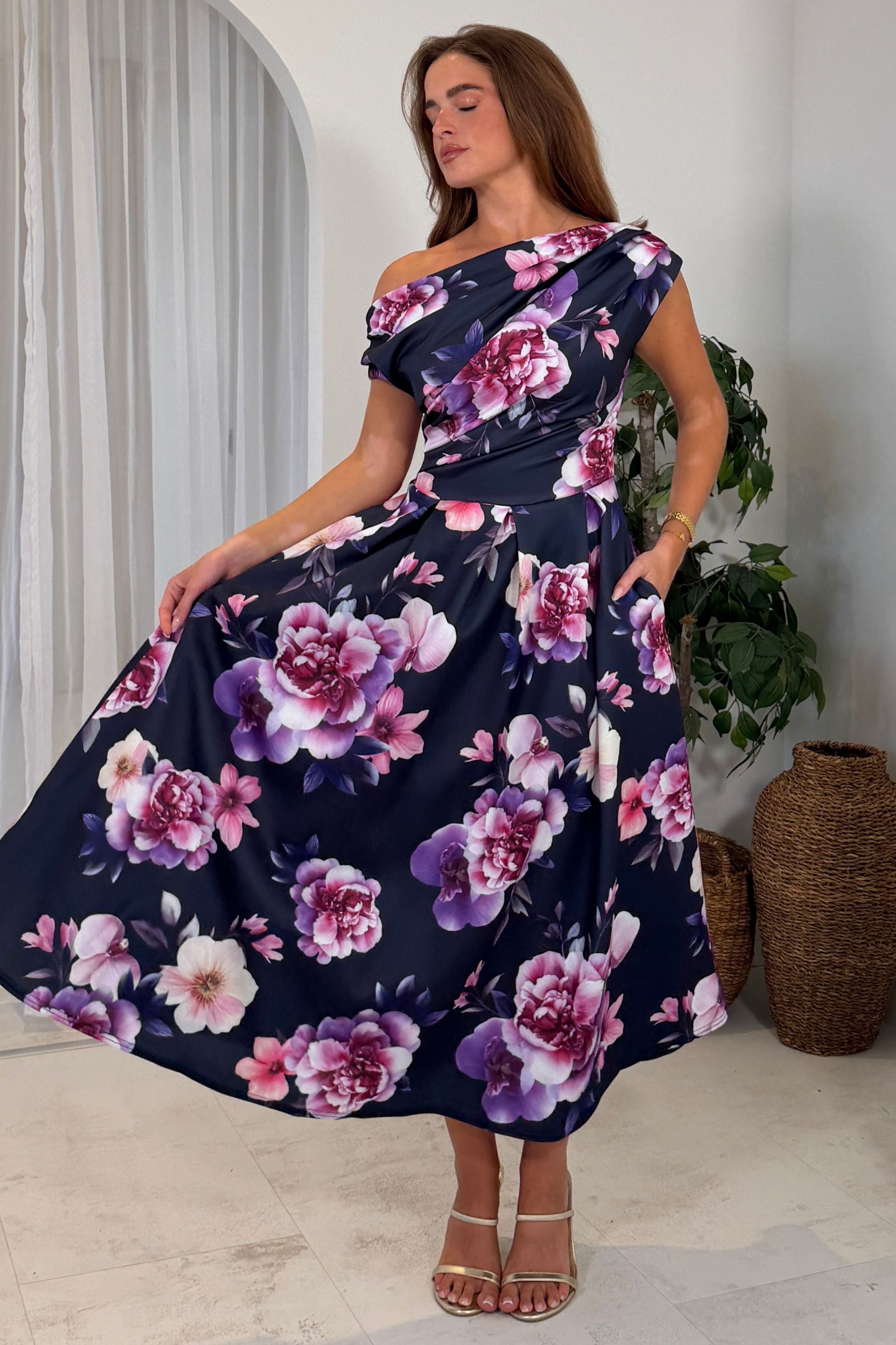 Betty Asymmetric Neckline Floral Skater Midi Dress Navy
