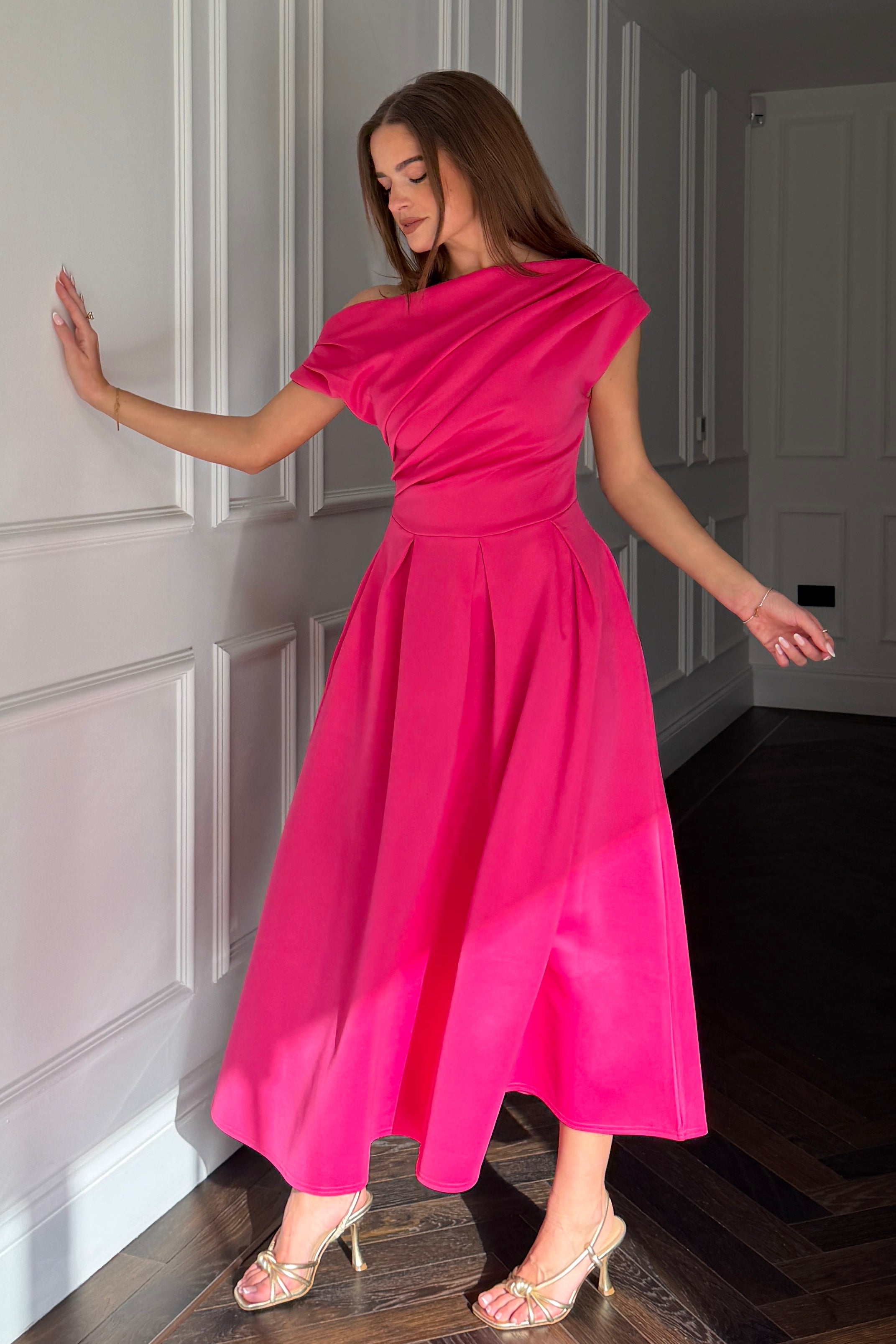 Betty Asymmetric Neckline Skater Midi  Hot Pink