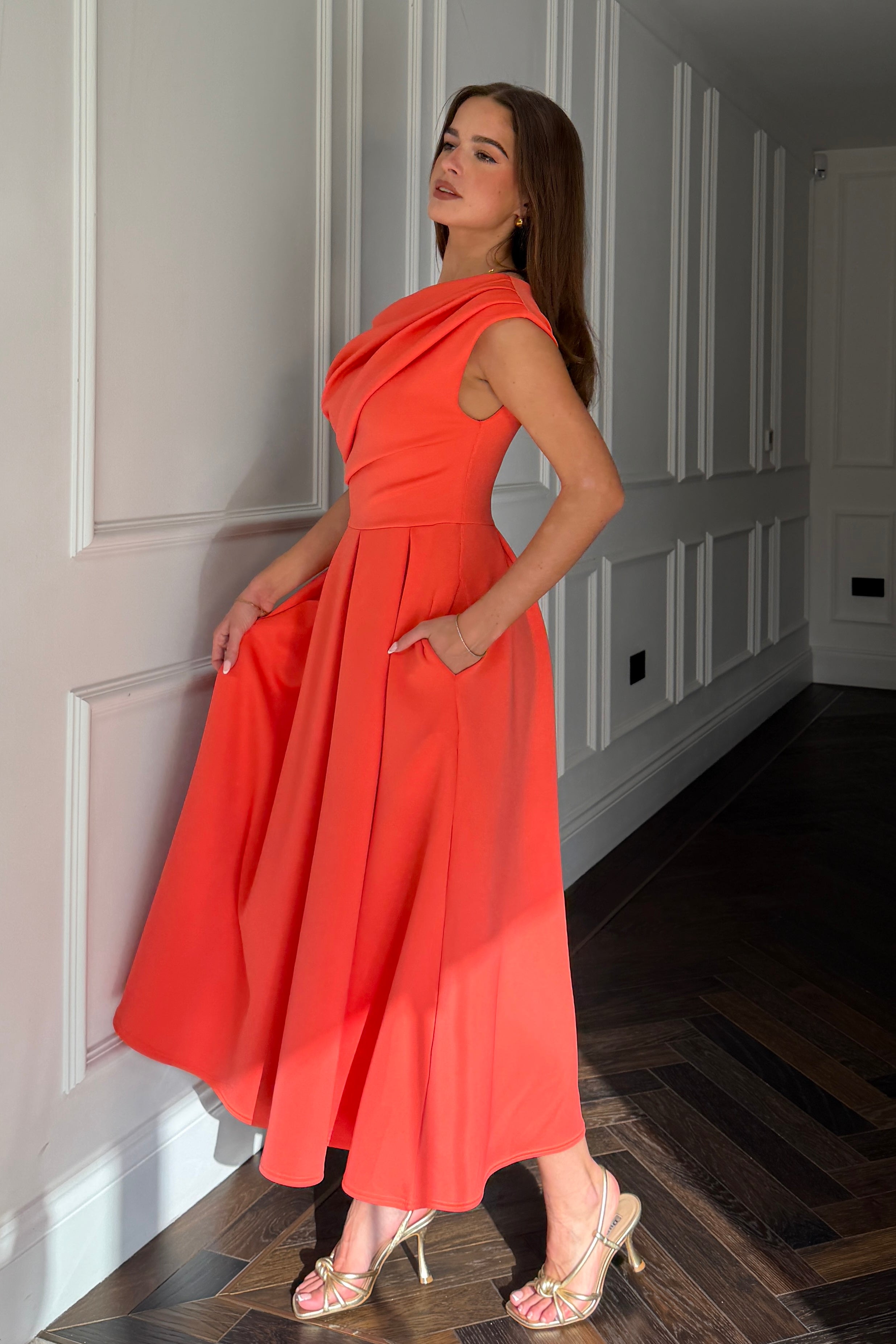 Betty Asymmetric Midi Dress Coral
