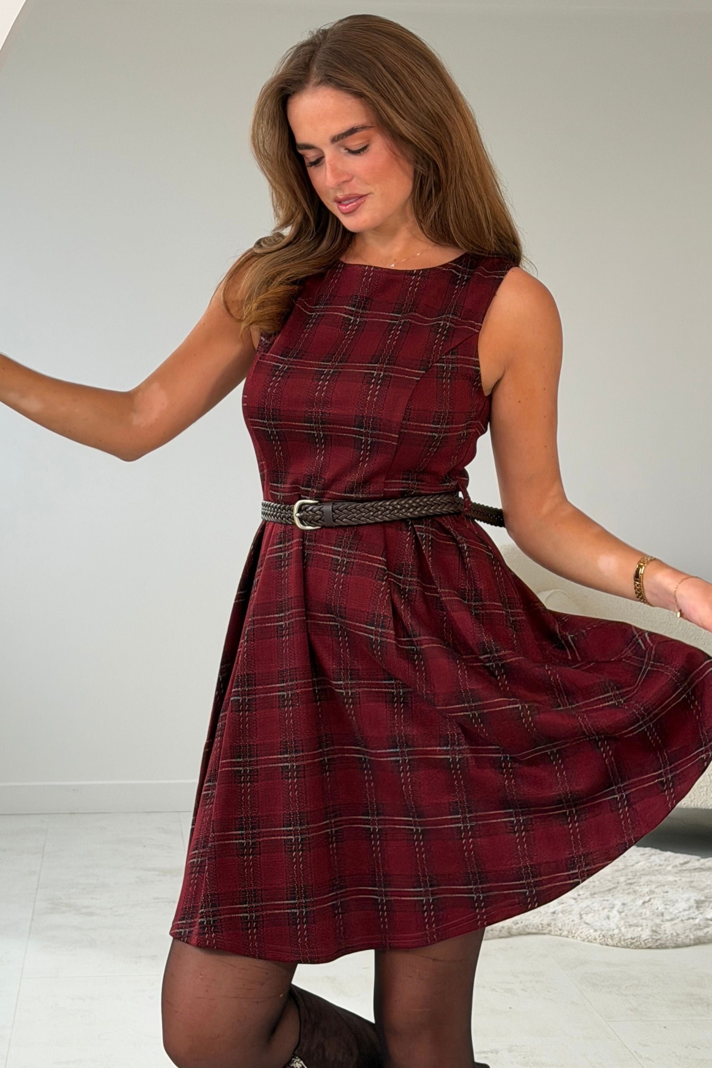 Coraline Check Belted Mini Dress Red
